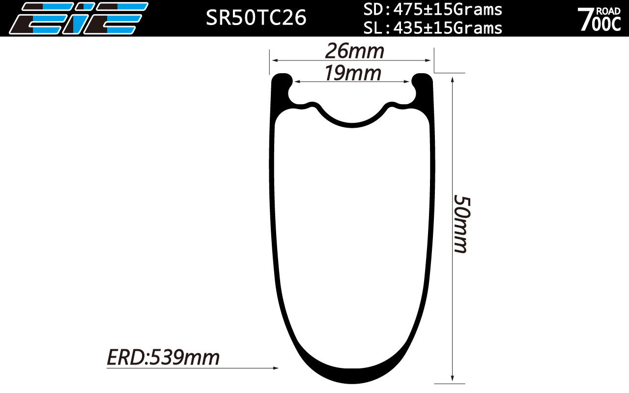 eie carbon road bike rim 700C 50mm deep 26mm wide clincher and tubeless compatible 