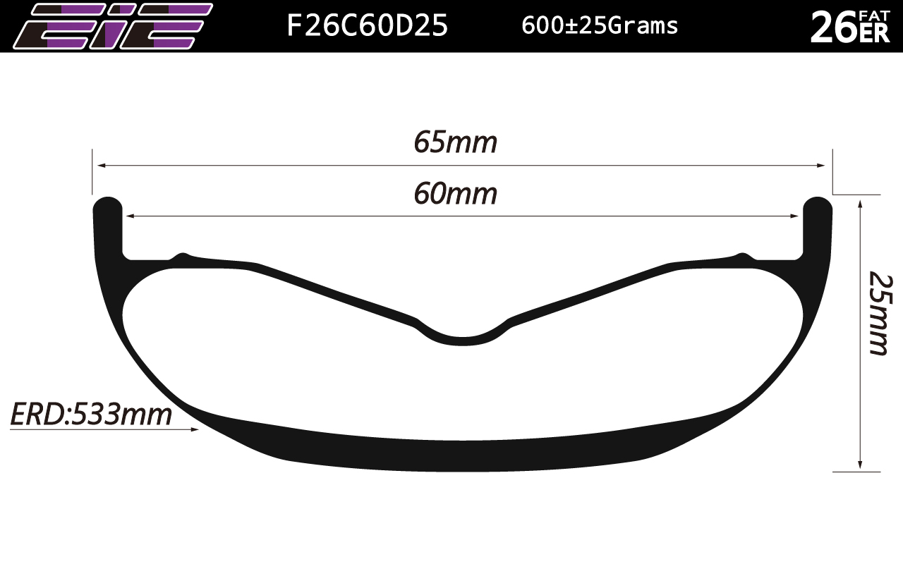 26ER-I60-D25 carbon fat bike rims and wheels 65mm wide hookless single wall tubeless compatible