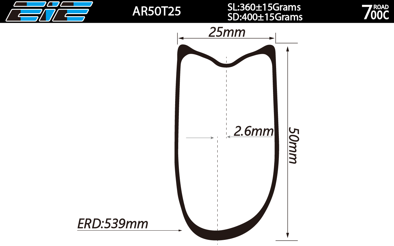 asymmetric road disc XC carbon rims 25mm outer width 50mm depth 700C for tubular bike aero shape