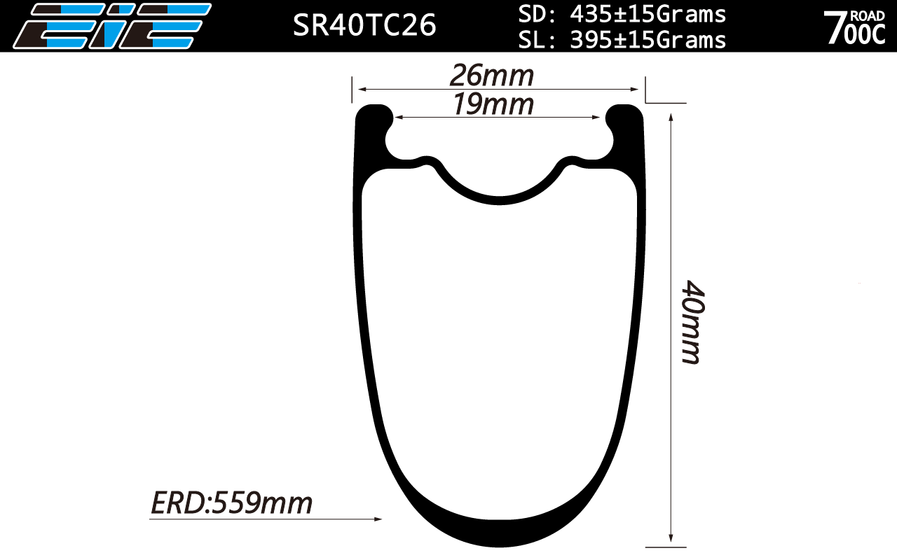 700C clincher 40mm deep 26mm wide carbon bike rim symmetric profile 