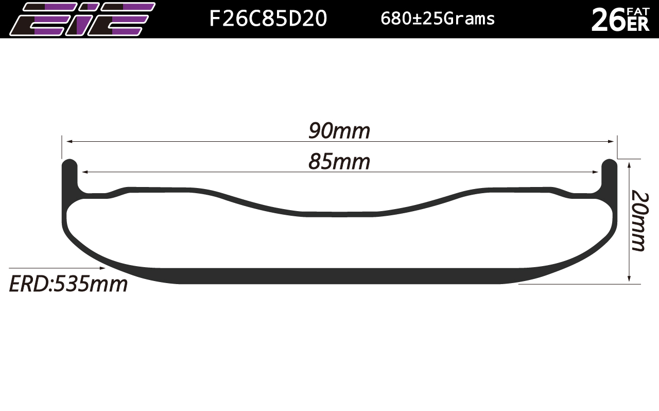 26ER-I85-D20 carbon fat bike rim 90mm wide hookless single wall tubeless compatible