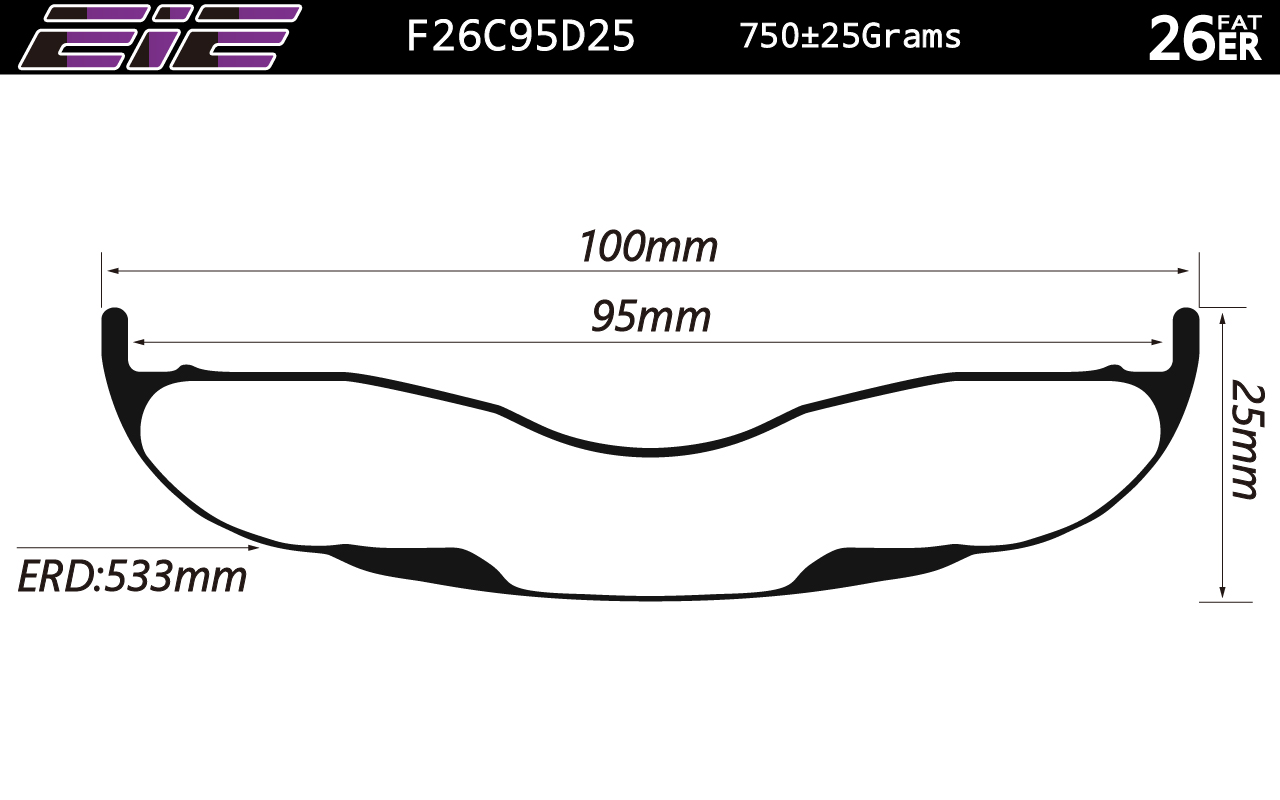 26ER-I95-D25 carbon fat bike rims and wheels 100mm width double wall hookless tubeless compatible