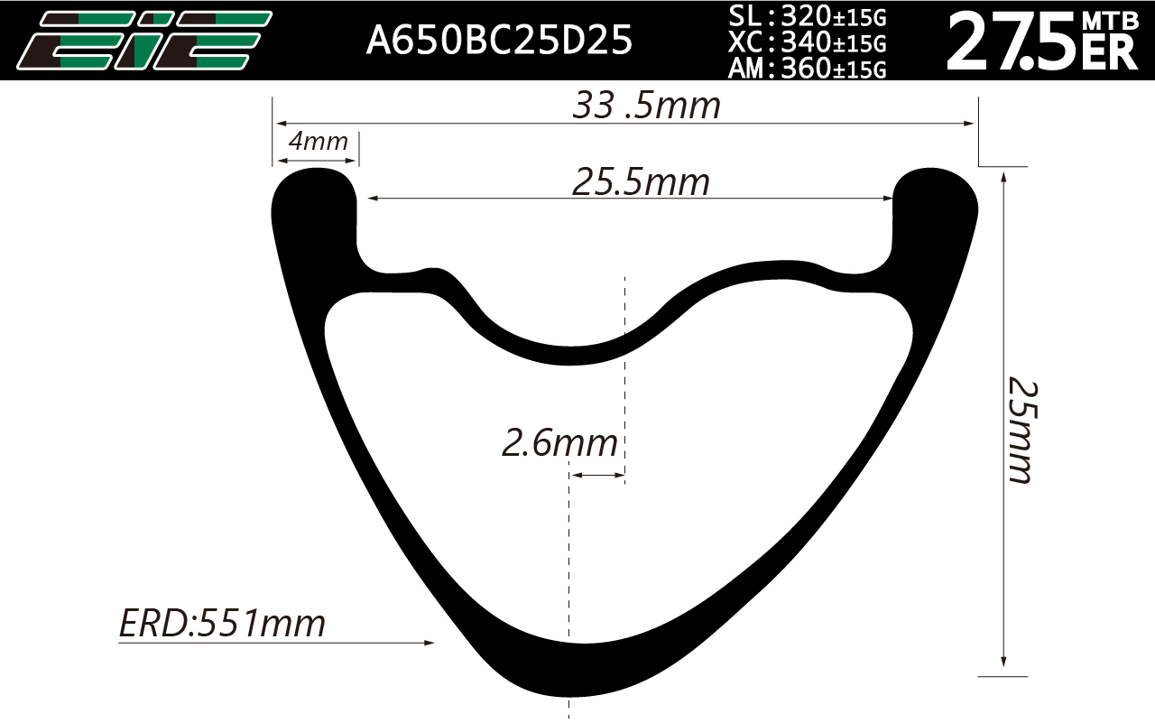 27.5er-I25.5-D25 V-Shaped asymmetric carbon mtb rims 33.5mm wide