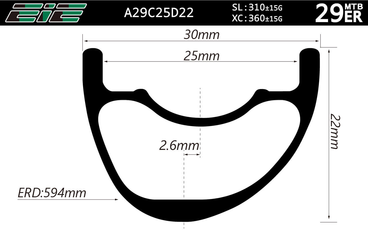 A29C25D22 29er asymmetric 25mm inner wide 22mm deep hookless bead lock carbon rim profile