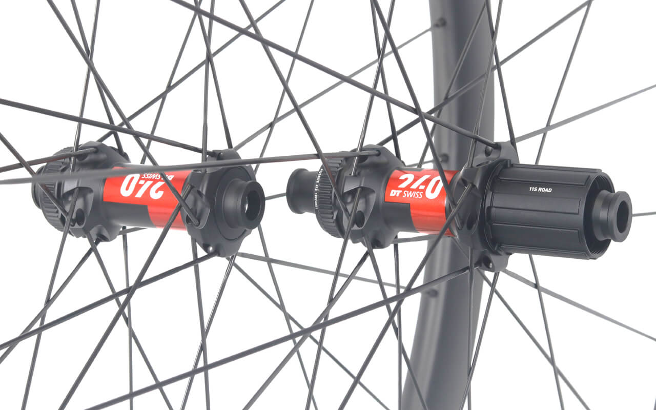 eie carbon wheelset with dt swiss 240s road disc thru axle straight pull hubs shimano road freehubs
