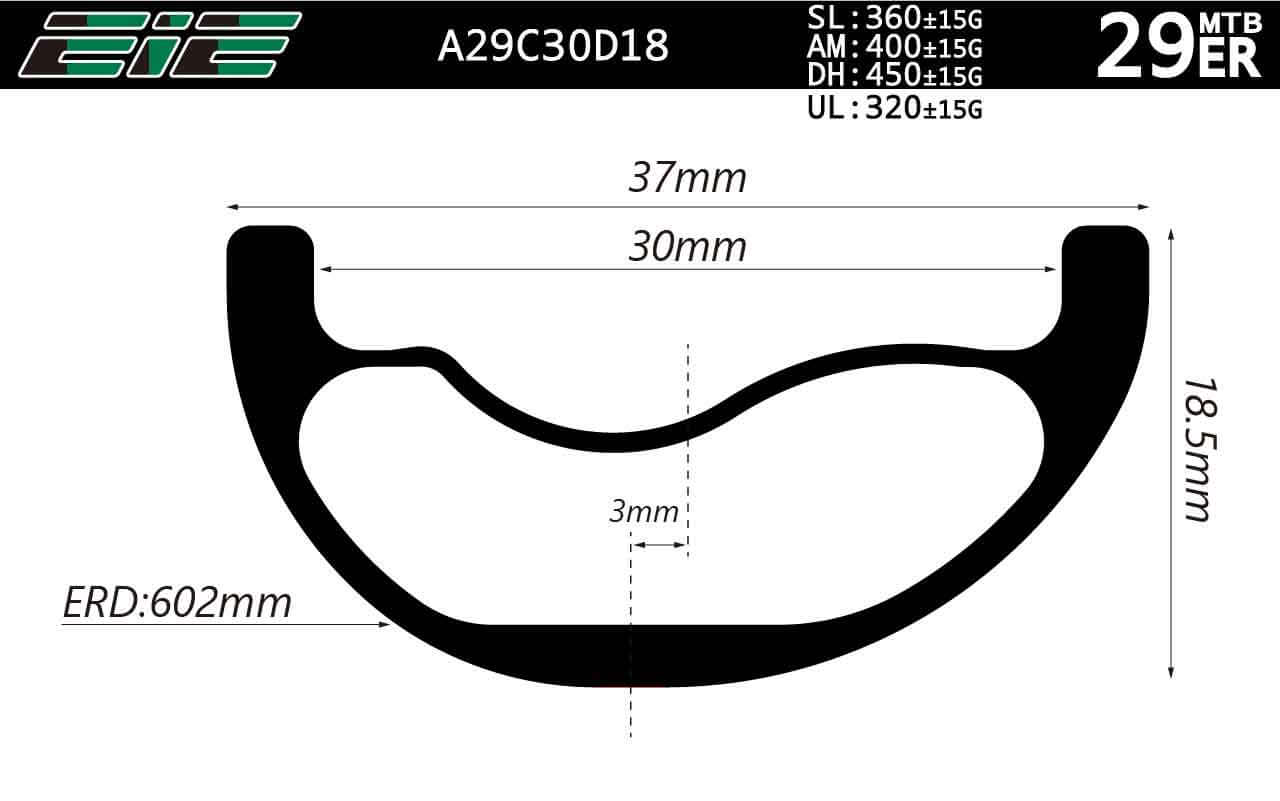 A29C30D18 29er Asymmetric Carbon MTB rim I30mm Wide 18.5mm Deep Shallow Profile hookless And Tubeless Compatible
