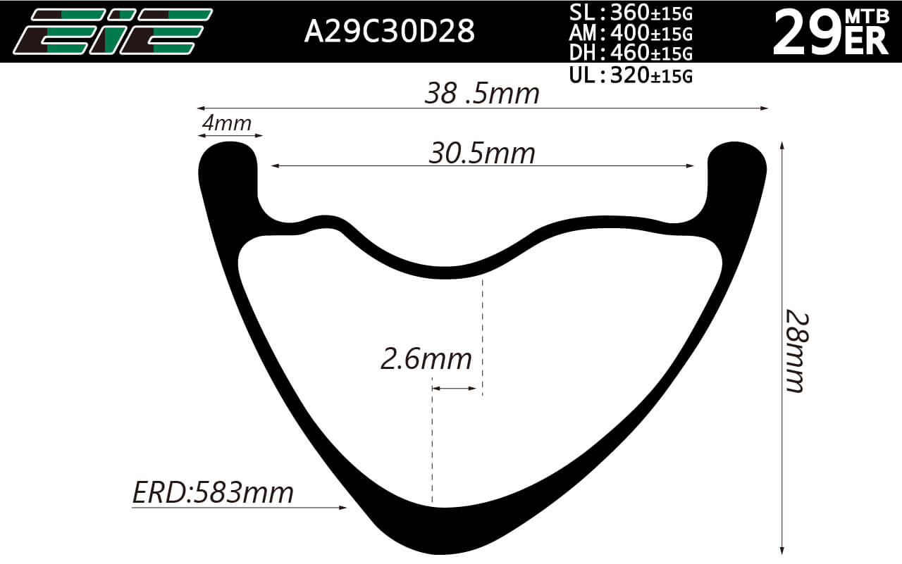 A29C30D28S Super light V-shaped asymmetric 29er 38.5mm wide MTB carbon rims tubeless compatible