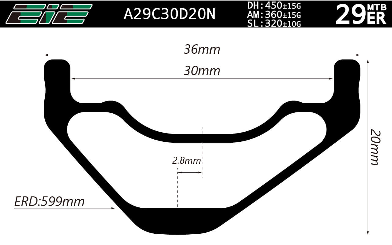 Symmetric Carbon MTB bike rims 29er 30mm wide 20mm deep profile tubeless compatible