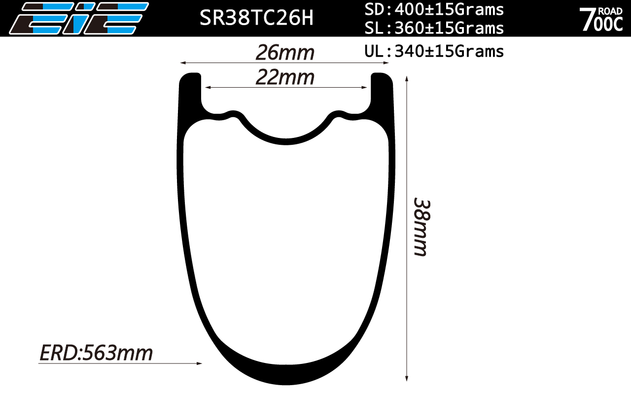 700C hookless 38mm deep 26mm wide carbon road rims symmetric profile tubeless compatible 