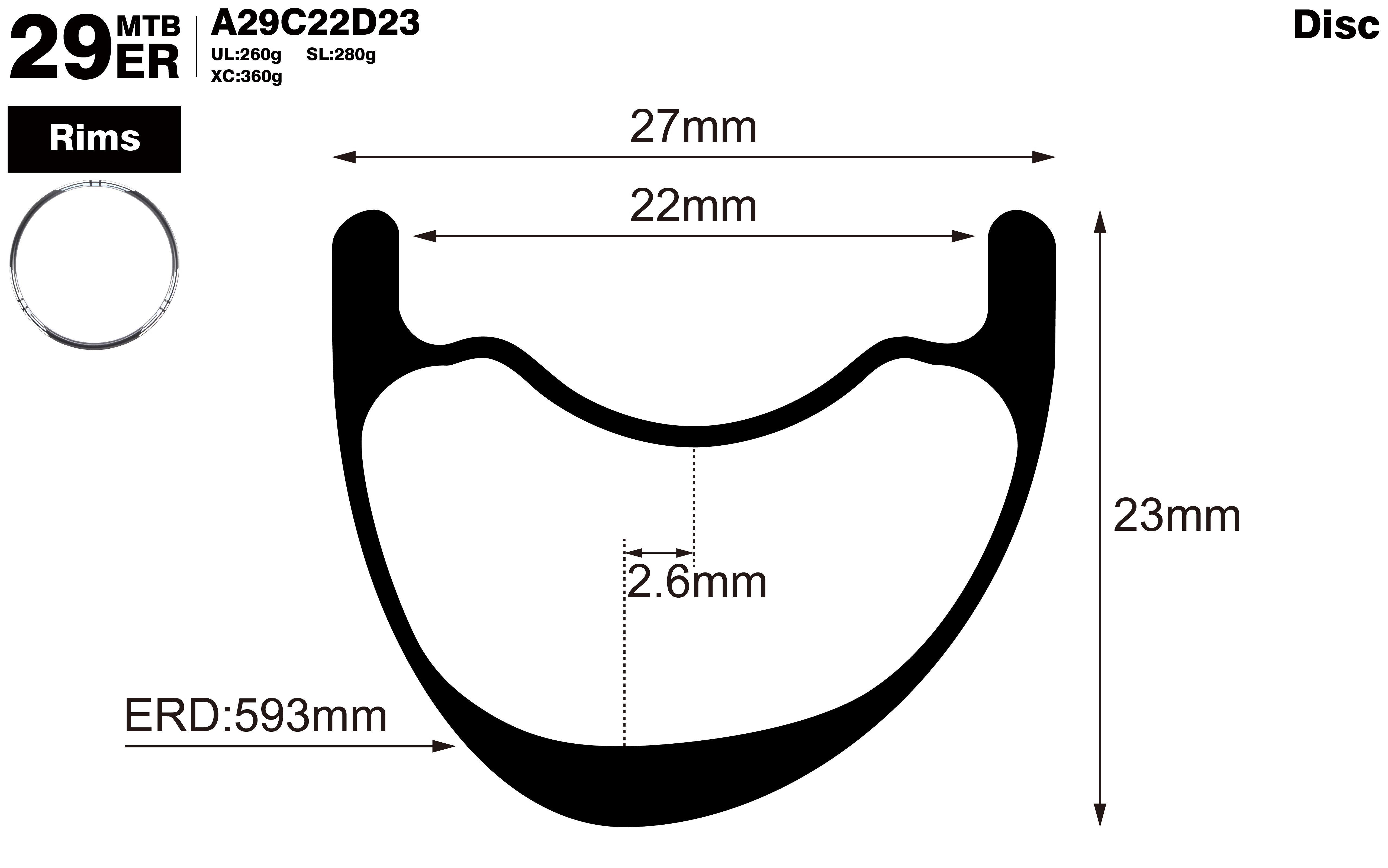 29er-I22-D23-asymmetric-mountain-bike-hookless-XC-carbon-rims-profile-drawing