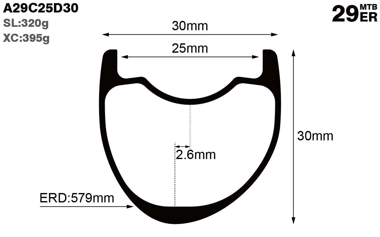 29er-I25-D30-asymmetric-mountain-bike-hookless-XC-carbon-rims-and-wheels-profile-drawing