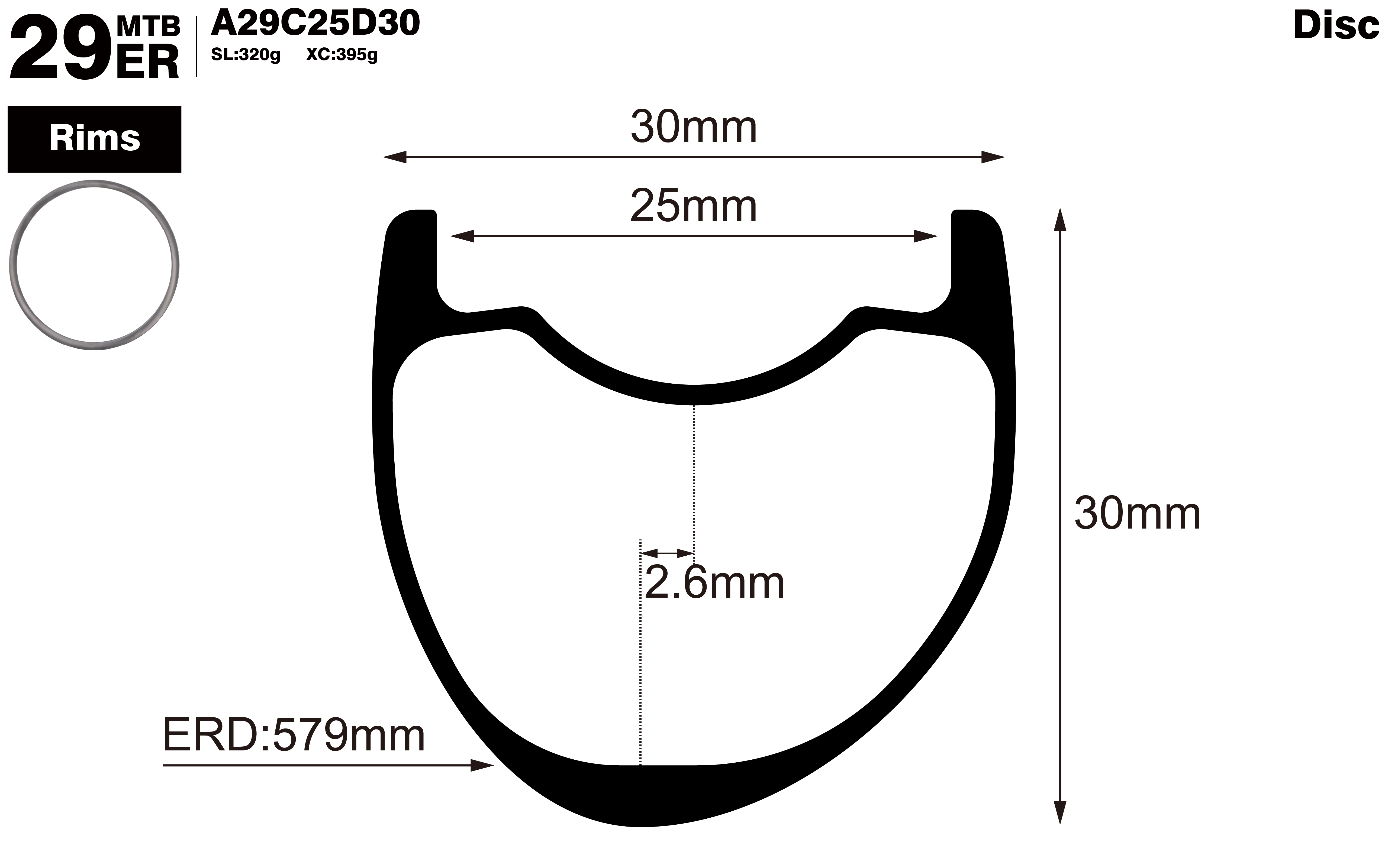 29er-I25-D30-asymmetric-mountain-bike-hookless-XC-carbon-rims-profile-drawing