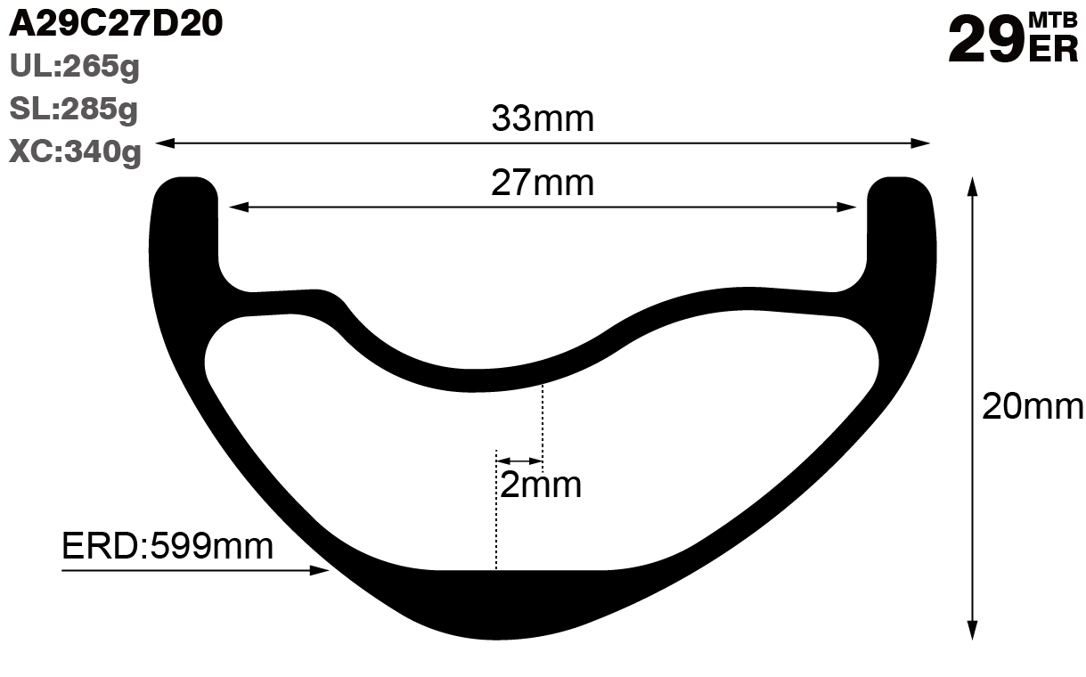 29er-I27-D20-asymmetric-mountain-bike-hookless-XC-carbon-rims-and-wheels-profile-drawing