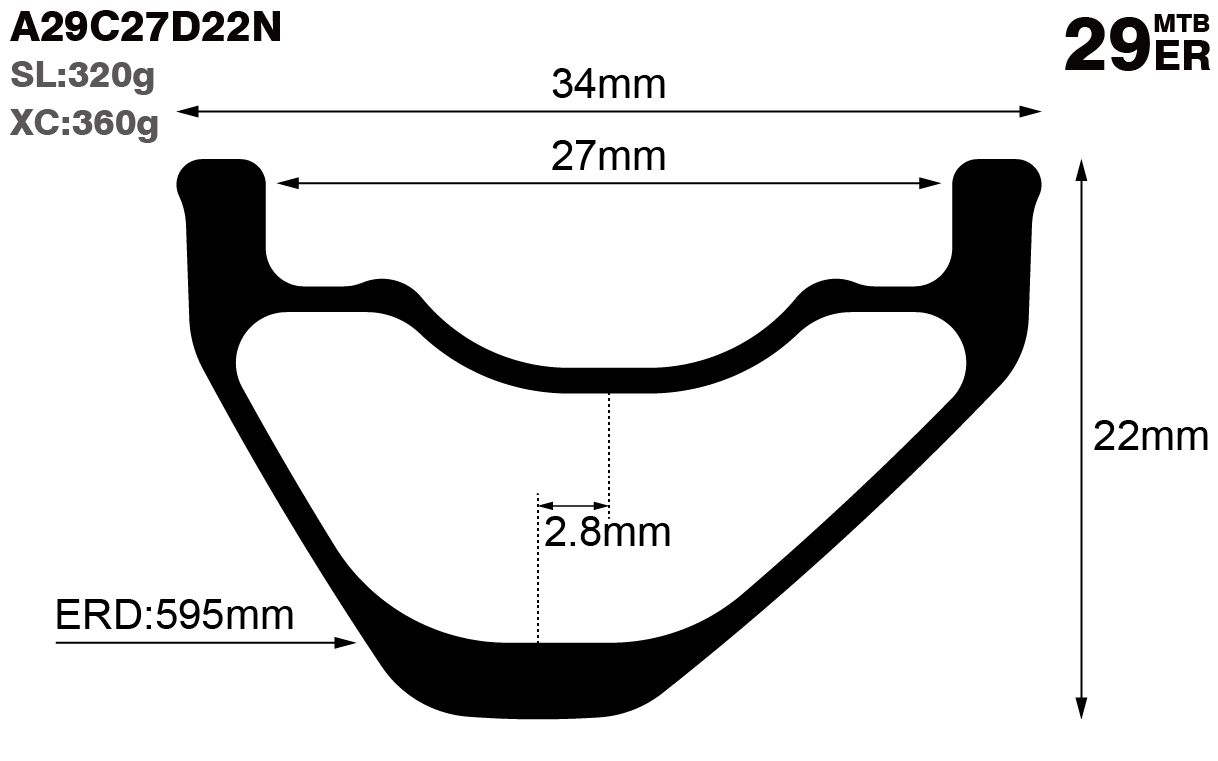29er-I27-D22-asymmetric-mountain-bike-hookless-XC-carbon-rims-and-wheels-profile-drawing