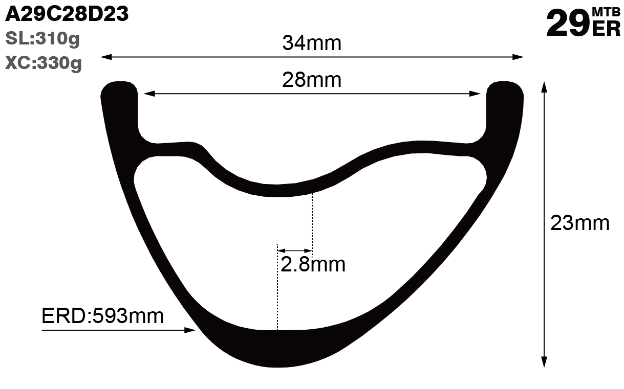 29er-I28-D23-asymmetric-mountain-bike-XC-carbon-rims-and-wheels-profile-drawing