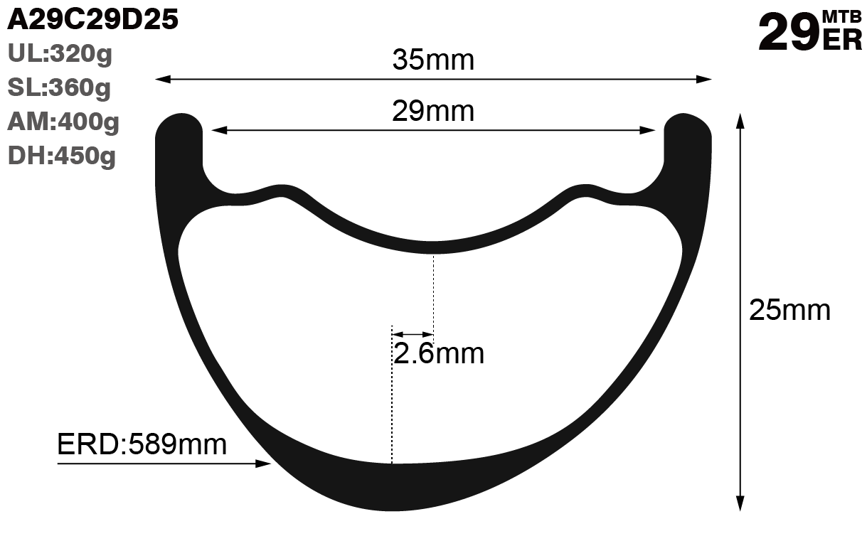 29er-I29-D25-asymmetric-mountain-bike-hookless-AM-carbon-rims-and-wheels-profile-drawing