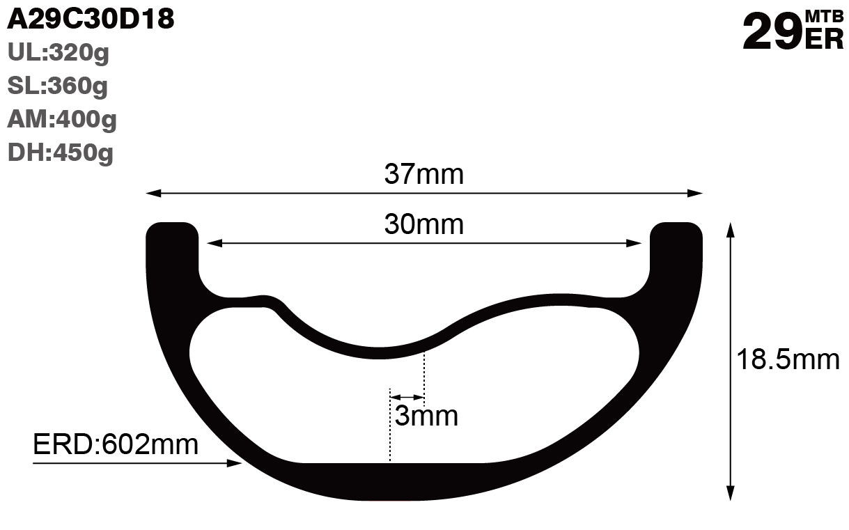 29er-I30-D18.5-asymmetric-mountain-bike-hookless-AM-carbon-rims-and-wheels-profile-drawing