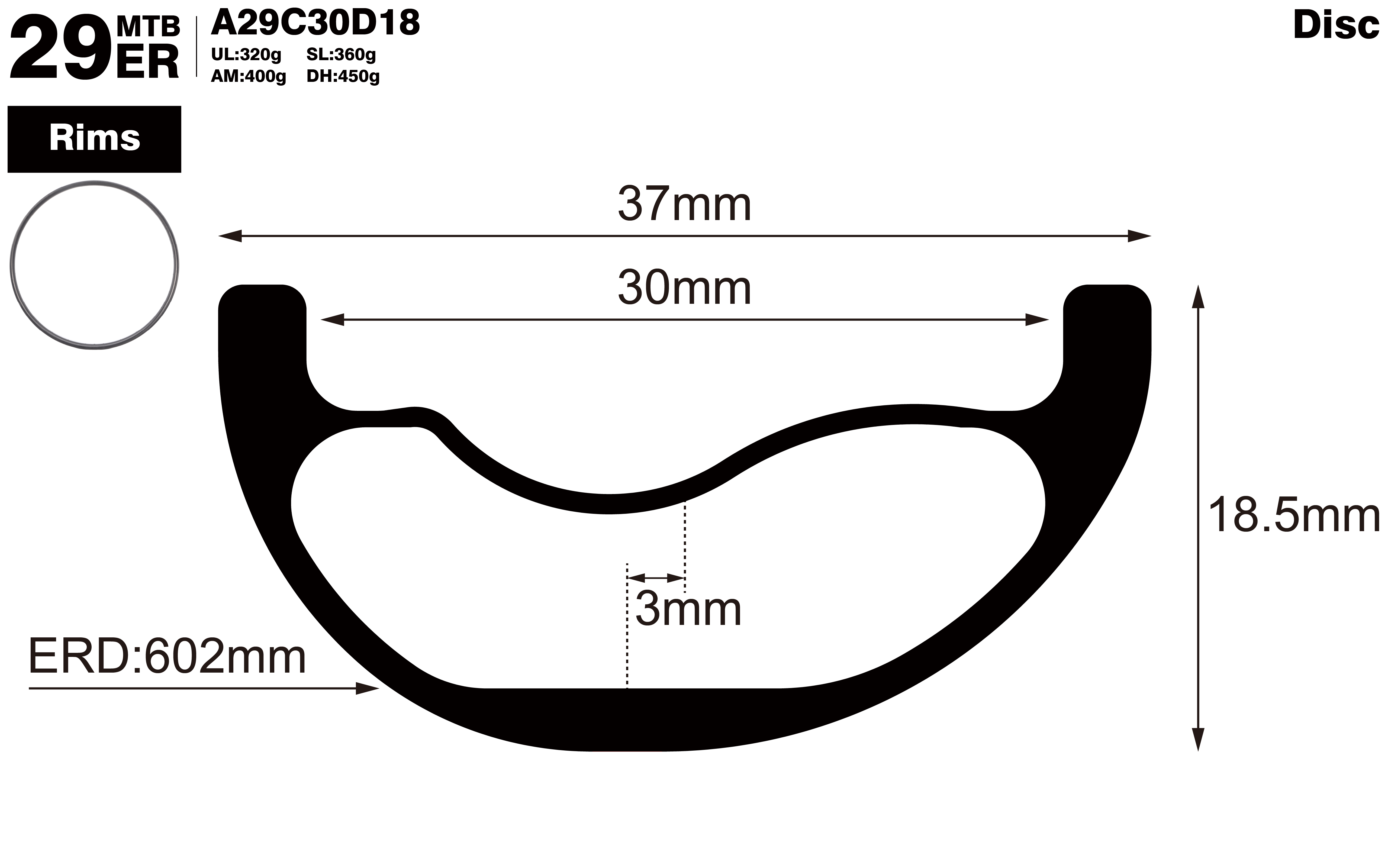 29er-I30-D18.5-asymmetric-mountain-bike-hookless-AM-carbon-rims-profile-drawing