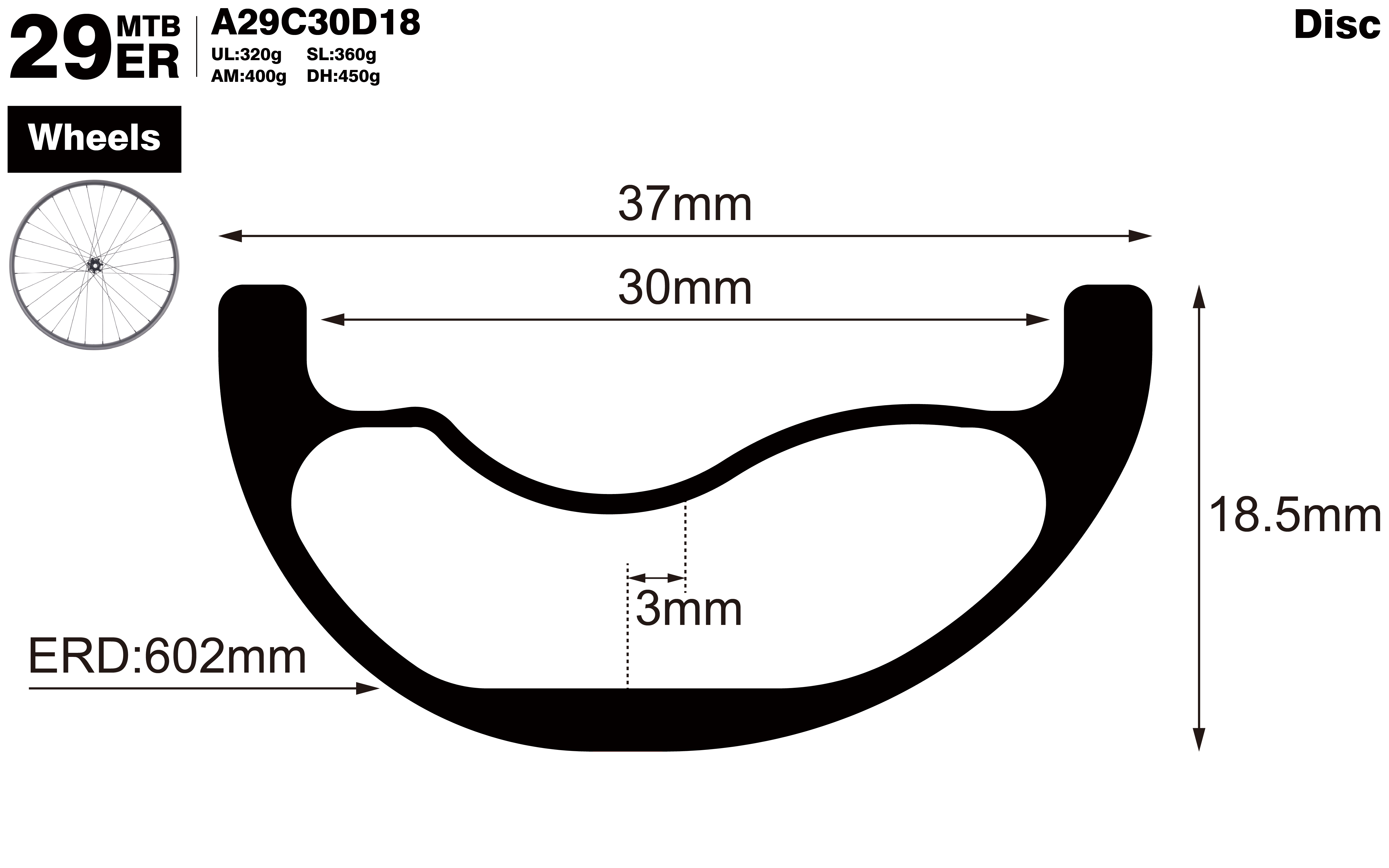 29er-I30-D18.5-asymmetric-mountain-bike-hookless-AM-carbon-wheels-profile-drawing