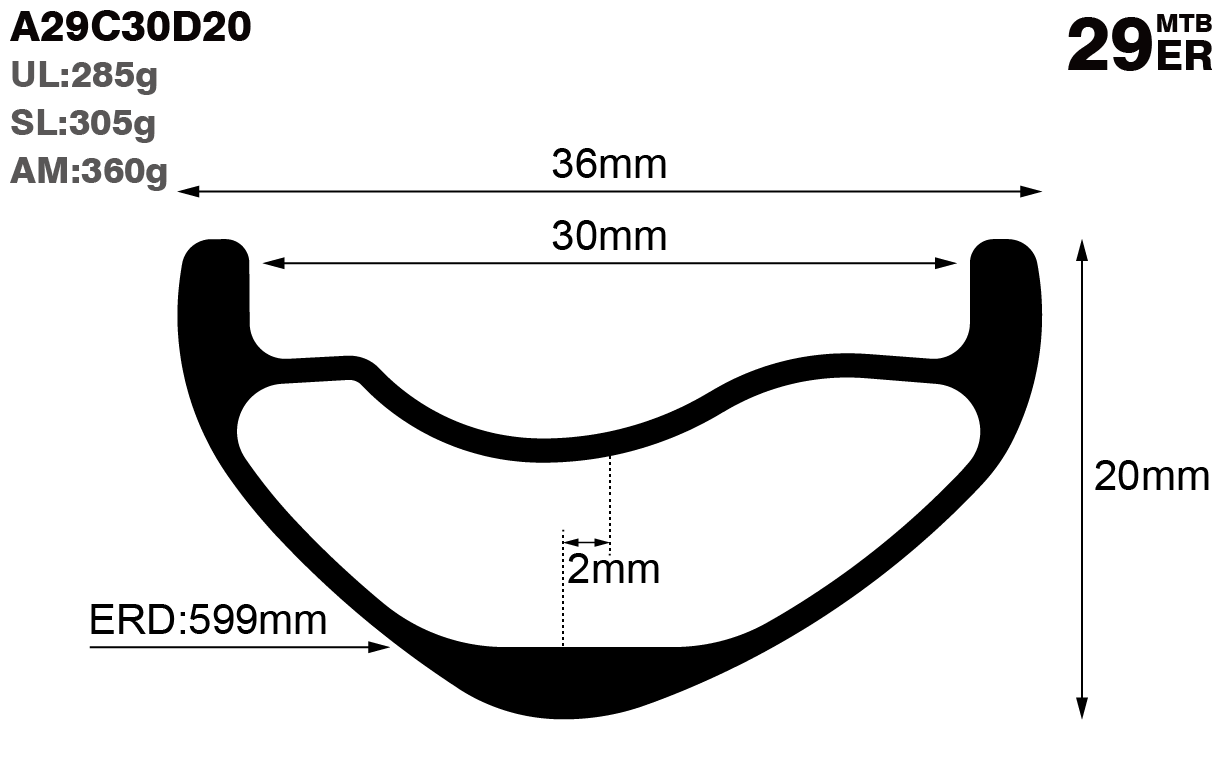 29er-I30-D20-asymmetric-mountain-bike-AM-carbon-rims-and-wheels-profile-drawing