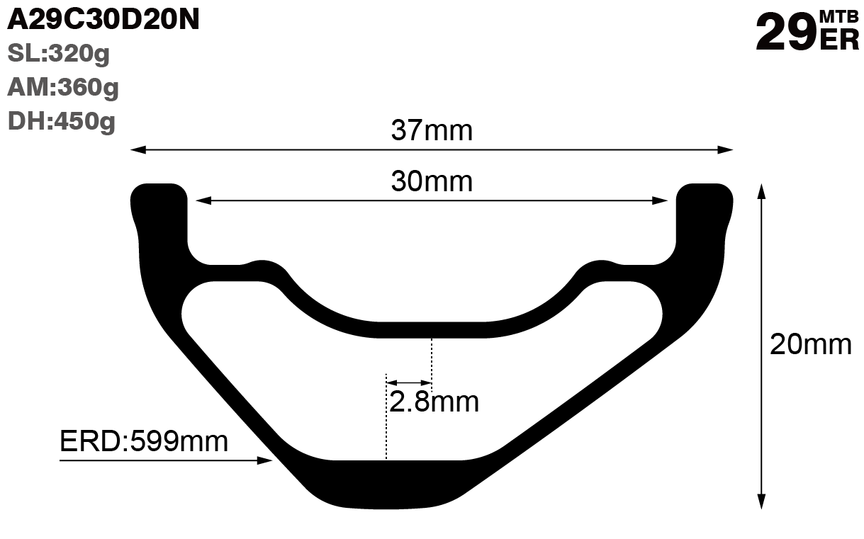 29er-I30-D20-asymmetric-mountain-bike-AM-carbon-rims-and-wheels-profile-drawing