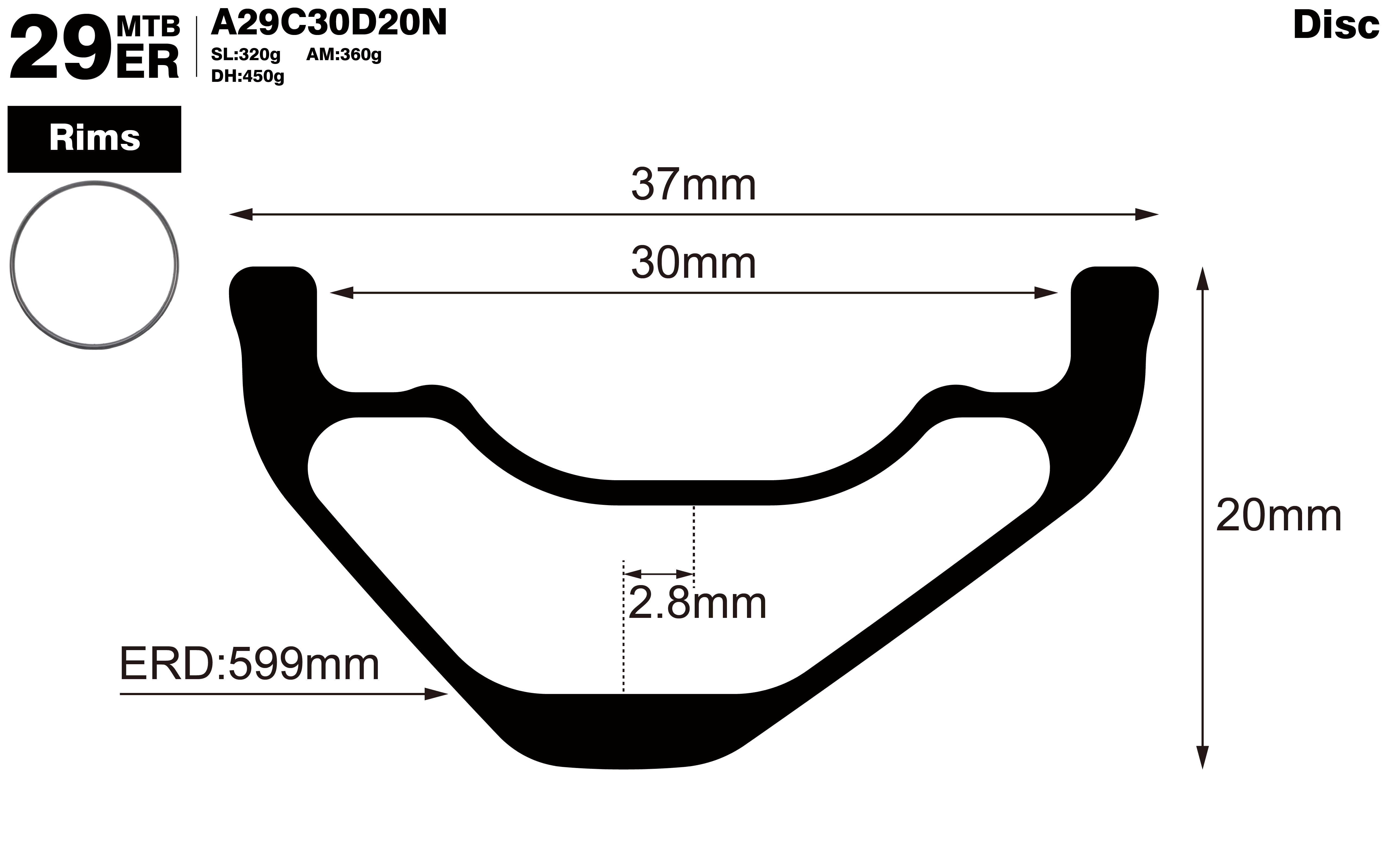 29er-I30-D20-asymmetric-mountain-bike-AM-carbon-rims-profile-drawing