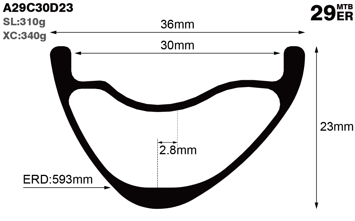 29er-I30-D23-asymmetric-mountain-bike-hookless-XC-carbon-rims-and-wheels-profile-drawing