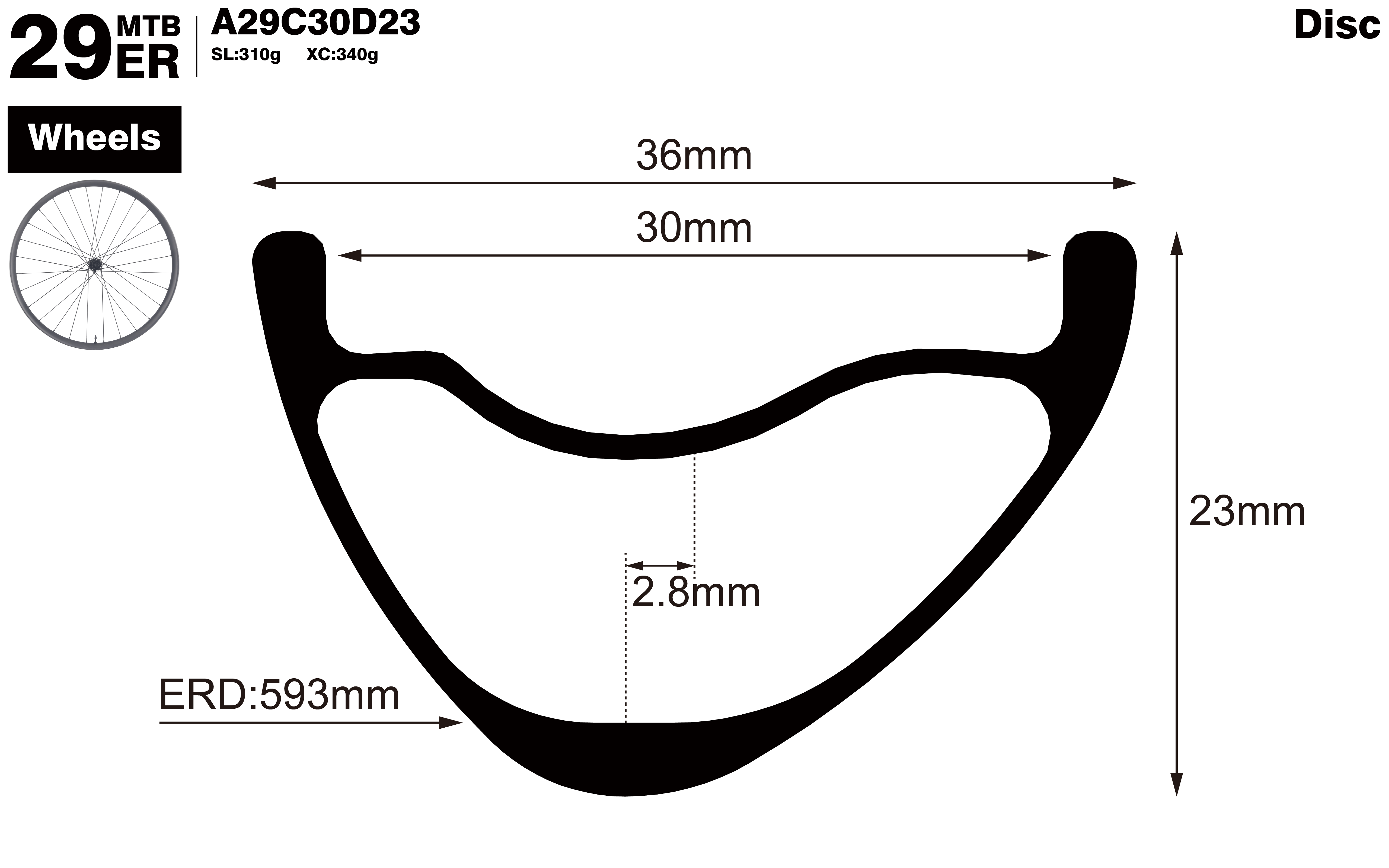 29er-I30-D23-asymmetric-mountain-bike-hookless-XC-carbon-wheels-profile-drawing