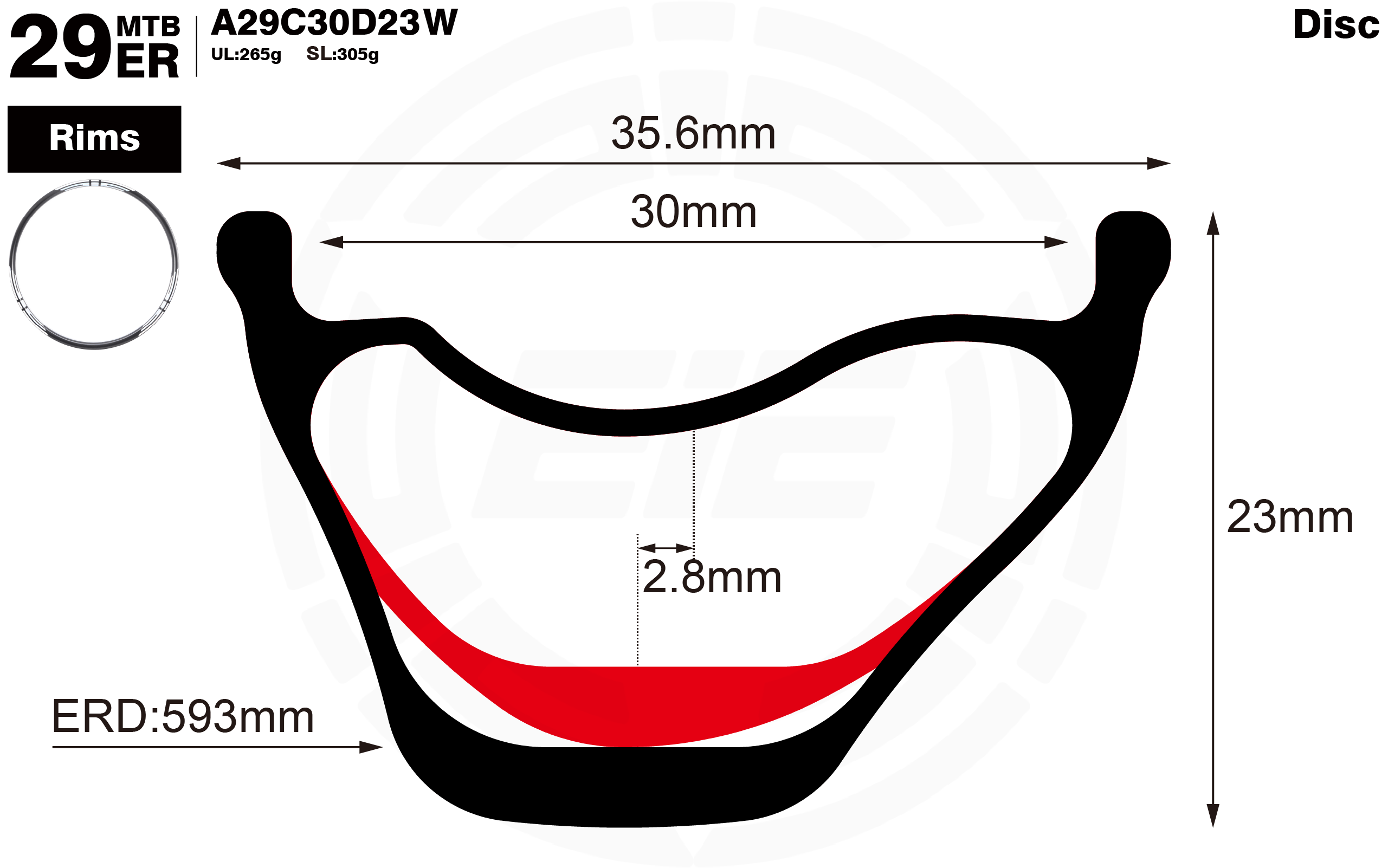 29er-I30-D23-asymmetric-mountain-bike-wavy-XC-carbon-rims-profile-drawing
