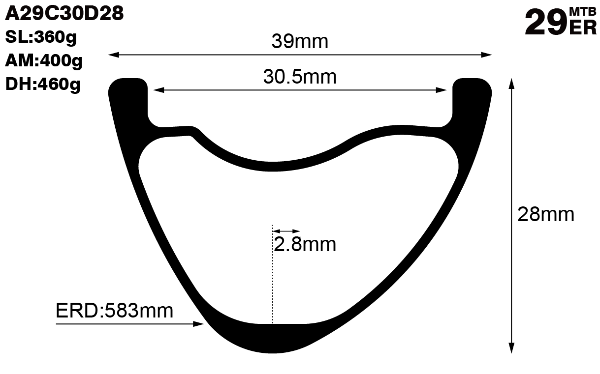 29er-I30.5-D28-symmetric-mountain-bike-hookless-XC-carbon-rims-and-wheels-profile-drawing