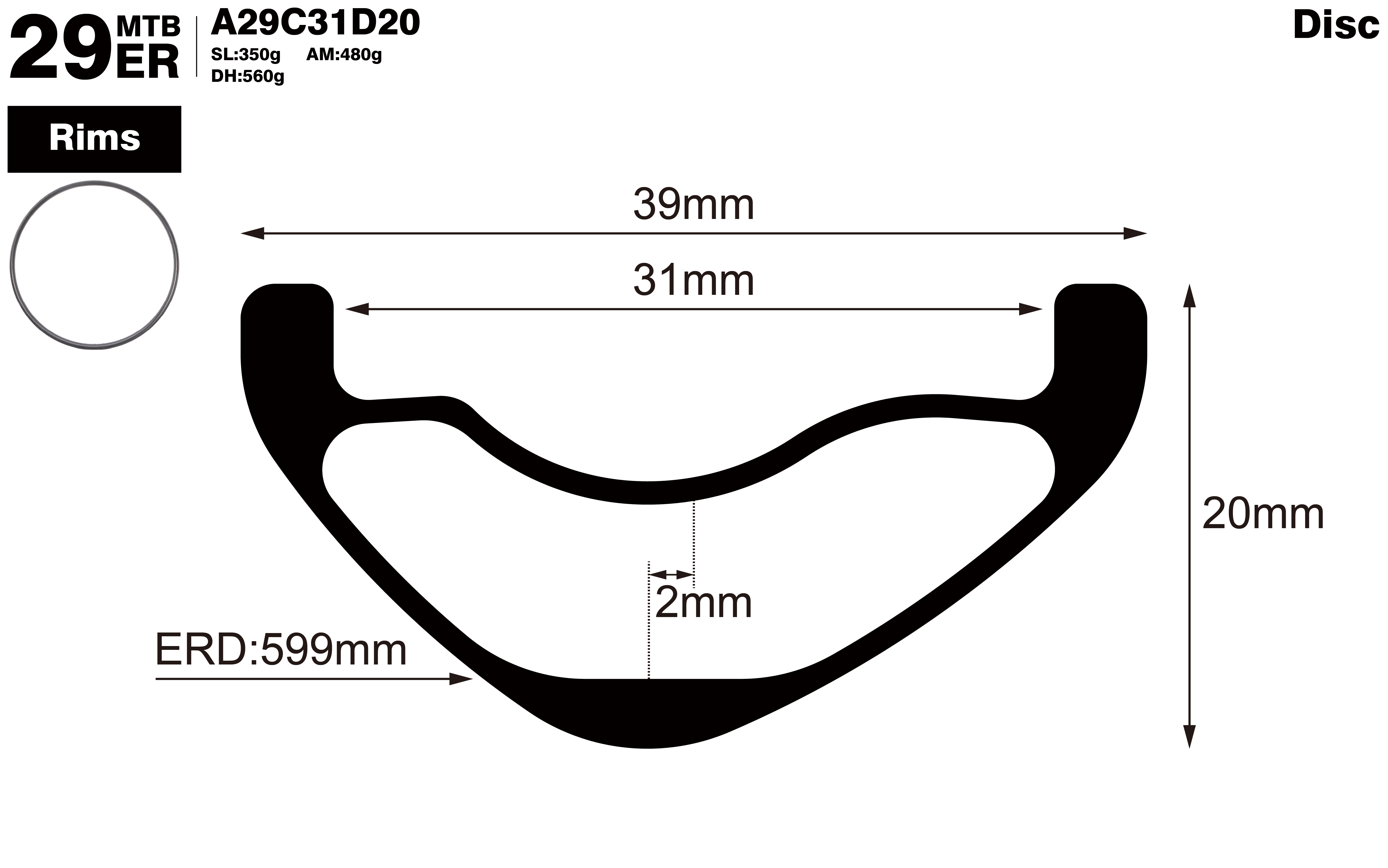 29er-I31-D20-asymmetric-mountain-bike-AM-carbon-rims-profile-drawing