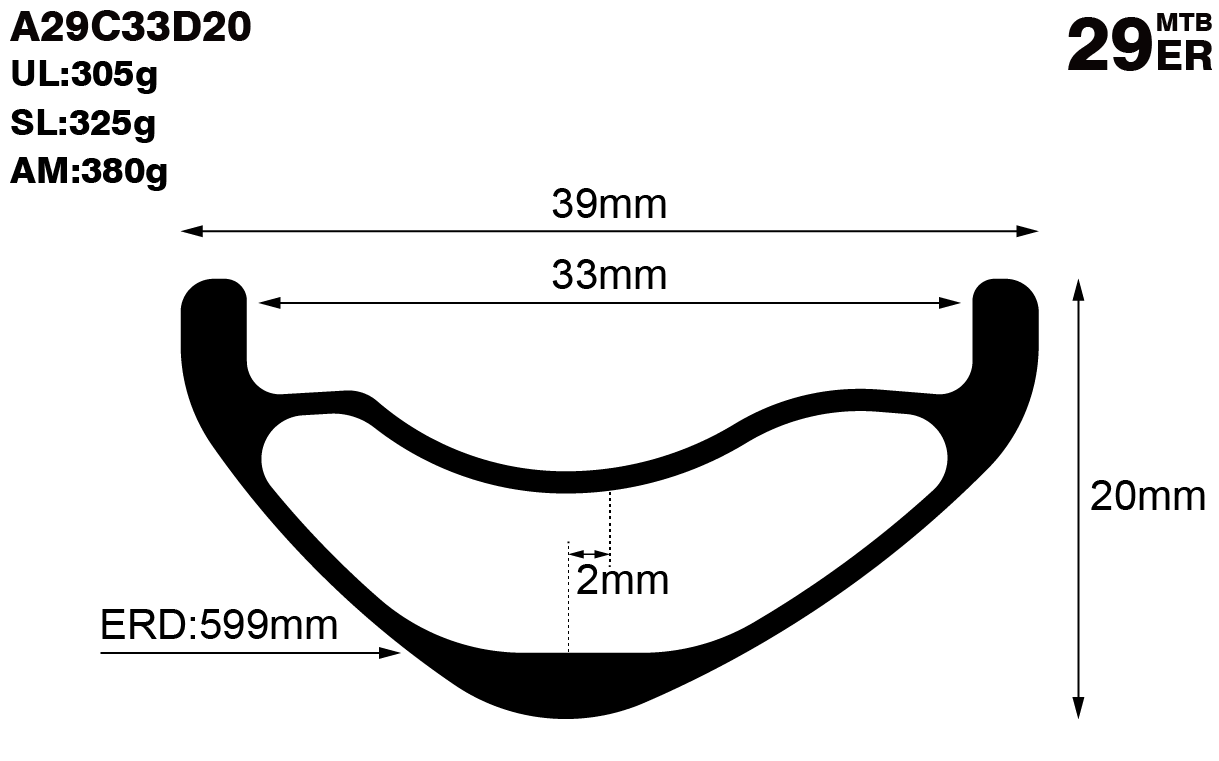 29er-I33-D20-asymmetric-mountain-bike-AM-carbon-rims-and-wheels-profile-drawing