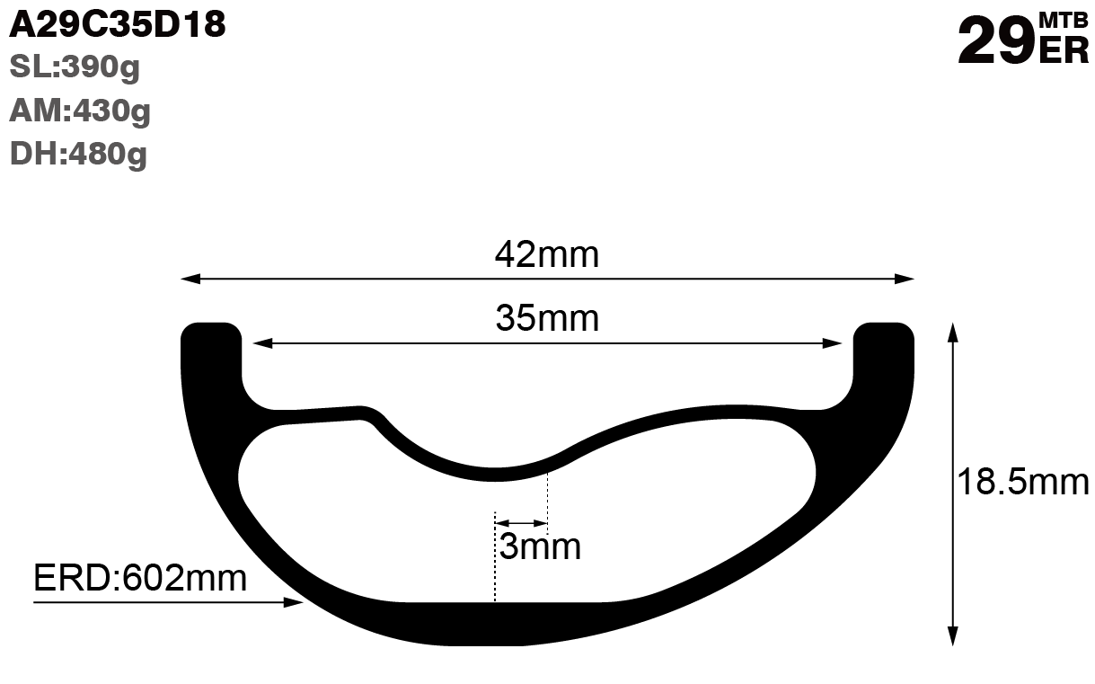 29er-I35-D18.5-asymmetric-mountain-bike-hookless-AM-carbon-rims-and-wheels-profile-drawing