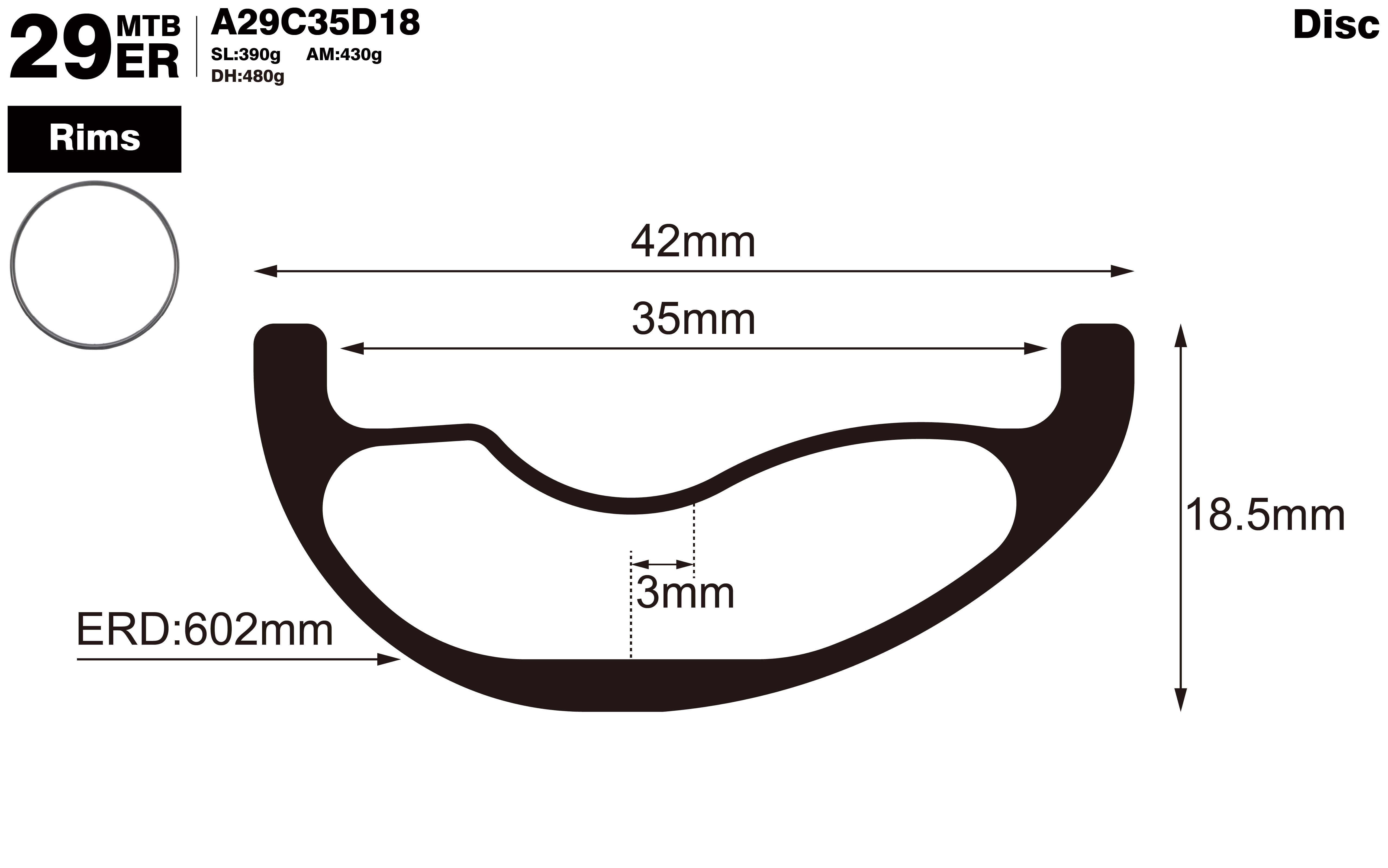 29er-I35-D18.5-asymmetric-mountain-bike-hookless-AM-carbon-rims-profile-drawing