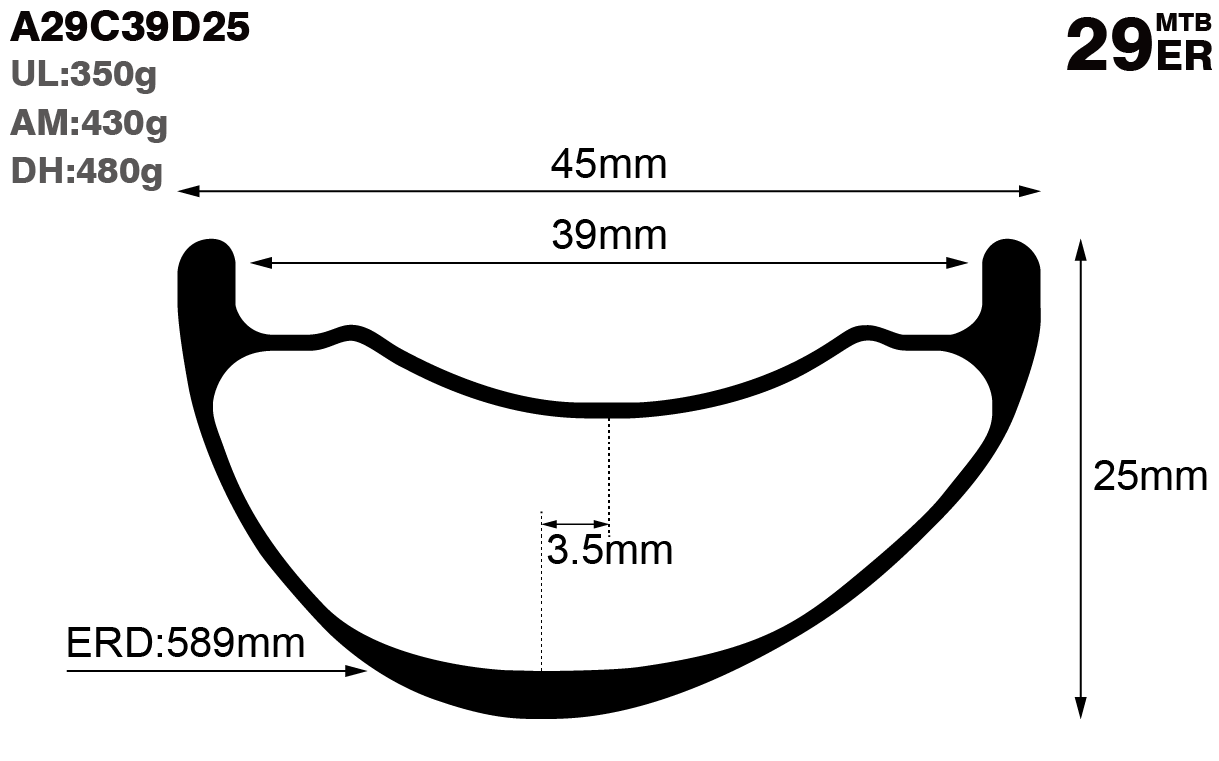 29er-I39-D25-asymmetric-mountain-bike-AM-carbon-rims-and-wheels-profile-drawing