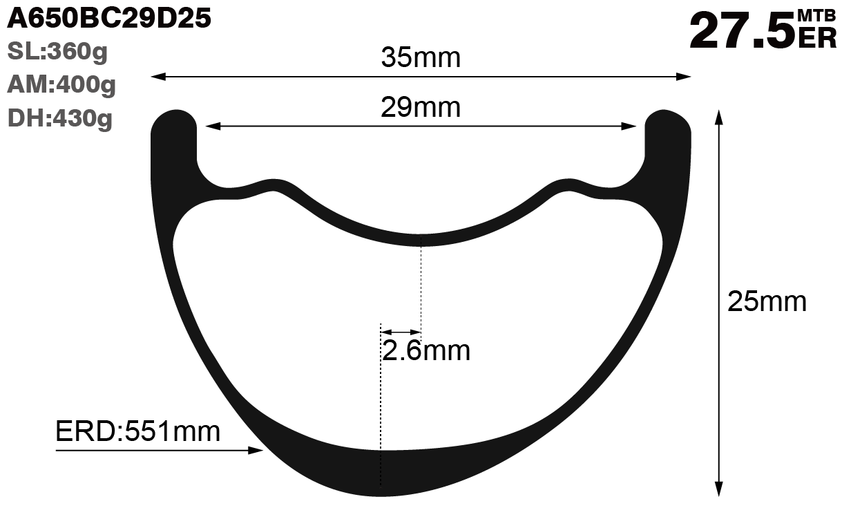 27.5er-I29-D25-asymmetric-mountain-bike-hookless-AM-carbon-rims-and-wheels-profile-drawing