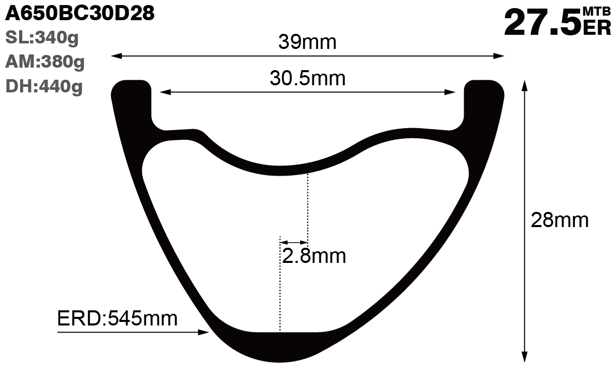 27.5er-I30.5-D28-asymmetric-mountain-bike-hookless-AM-carbon-rims-and-wheels-profile-drawing