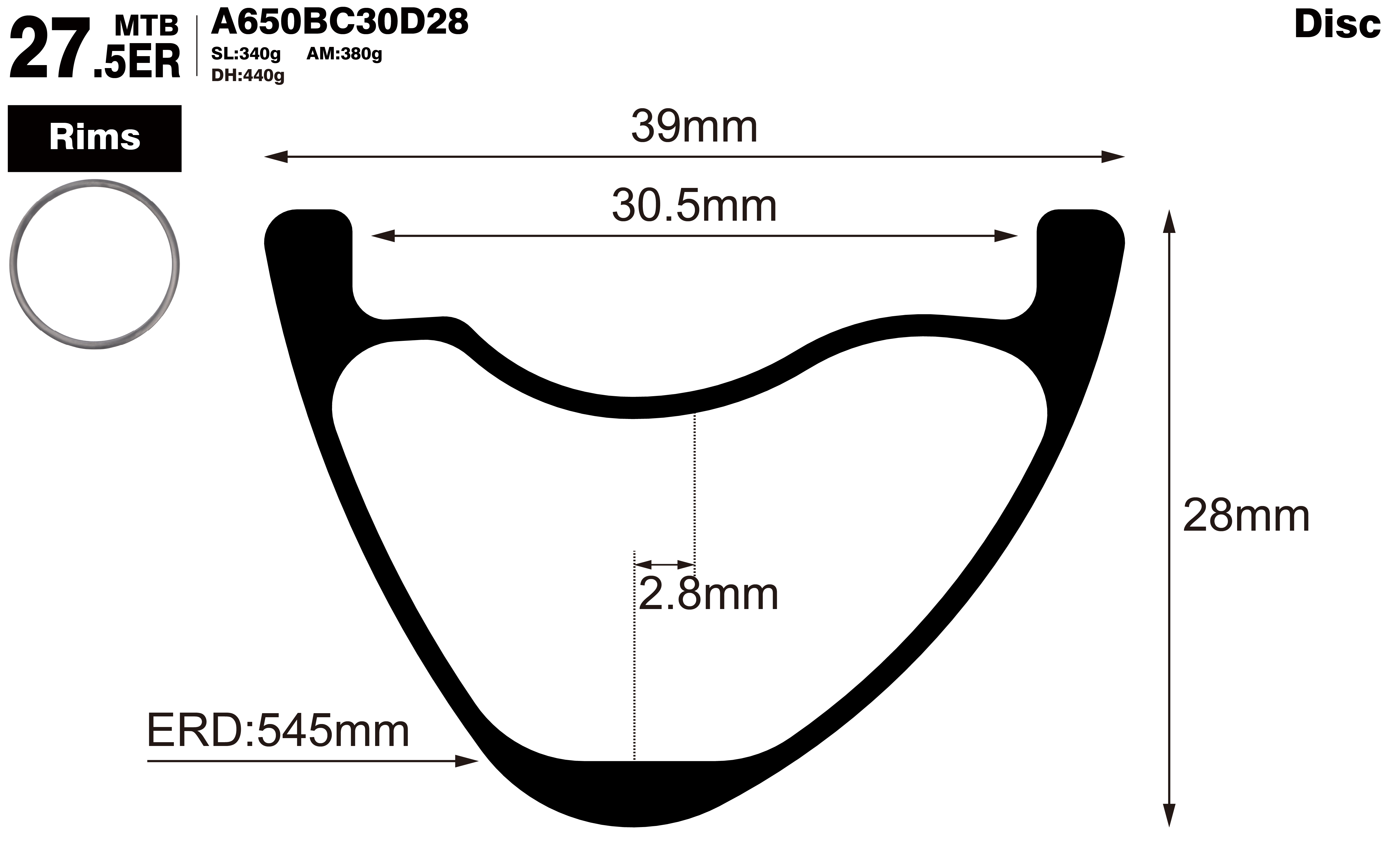 27.5er-I30.5-D28-asymmetric-mountain-bike-hookless-AM-carbon-rims-profile-drawing