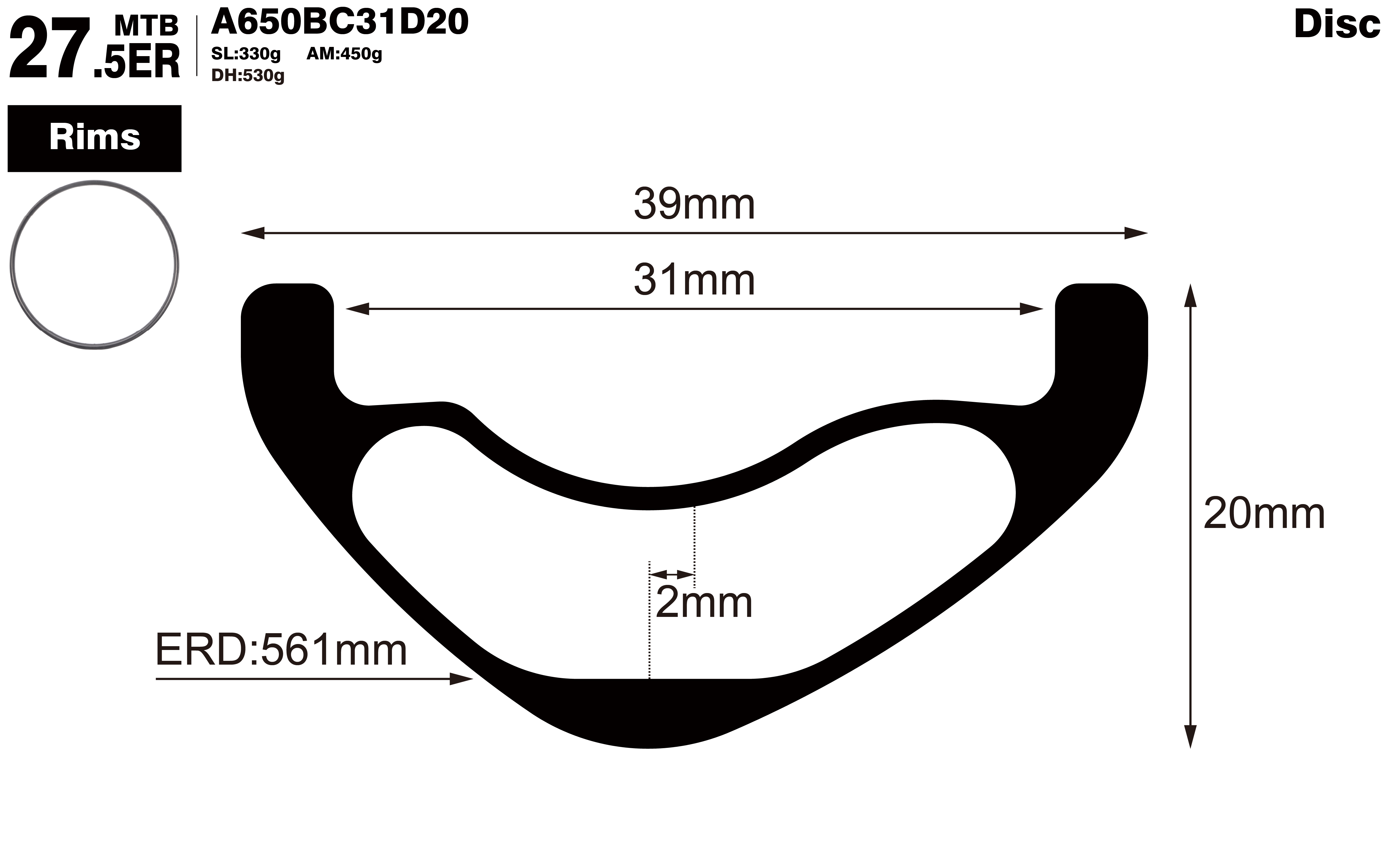 27.5er-I31-D20-asymmetric-mountain-bike-hookless-DH-carbon-rims-profile-drawing