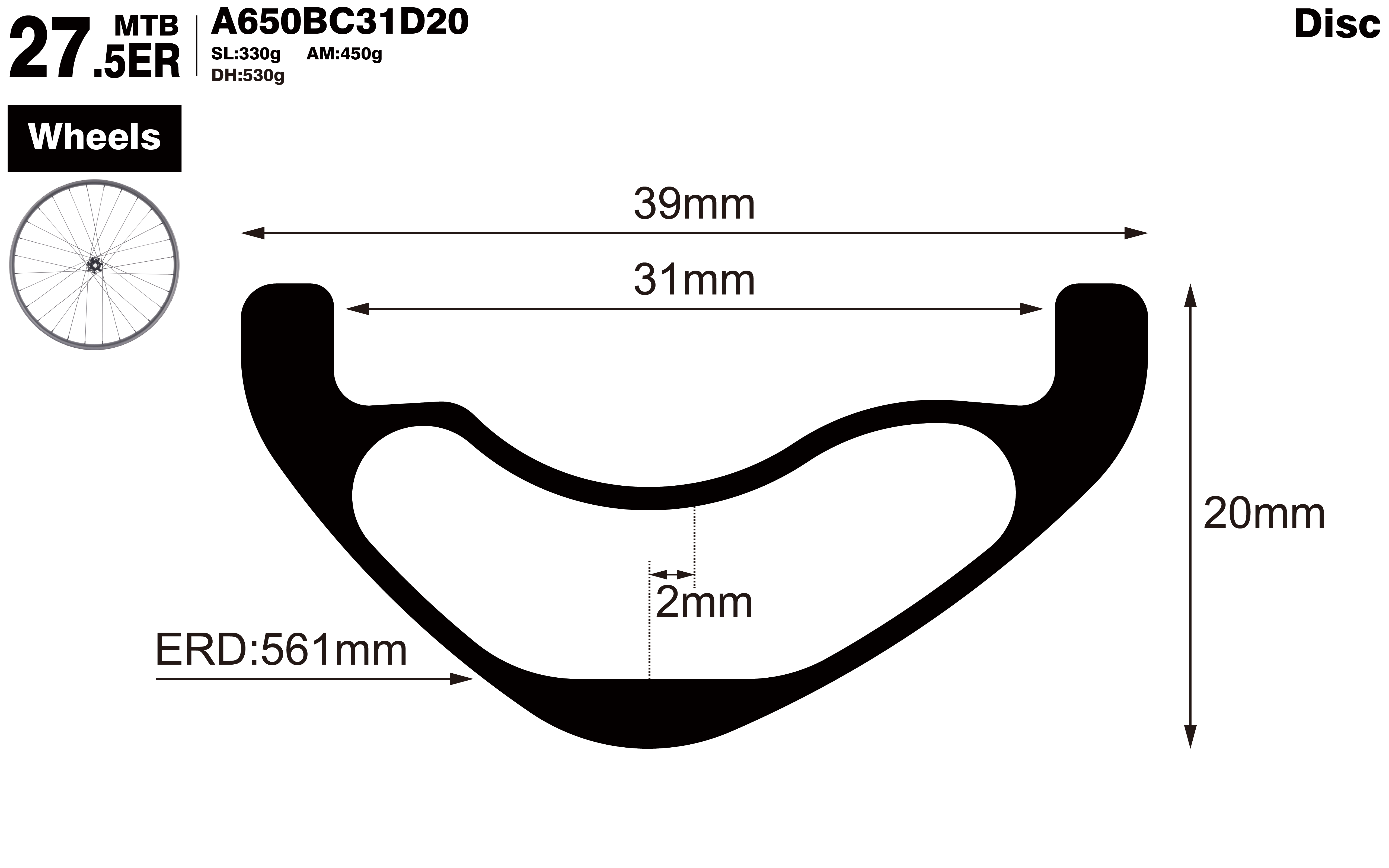 27.5er-I31-D20-asymmetric-mountain-bike-hookless-DH-carbon-wheels-profile-drawing