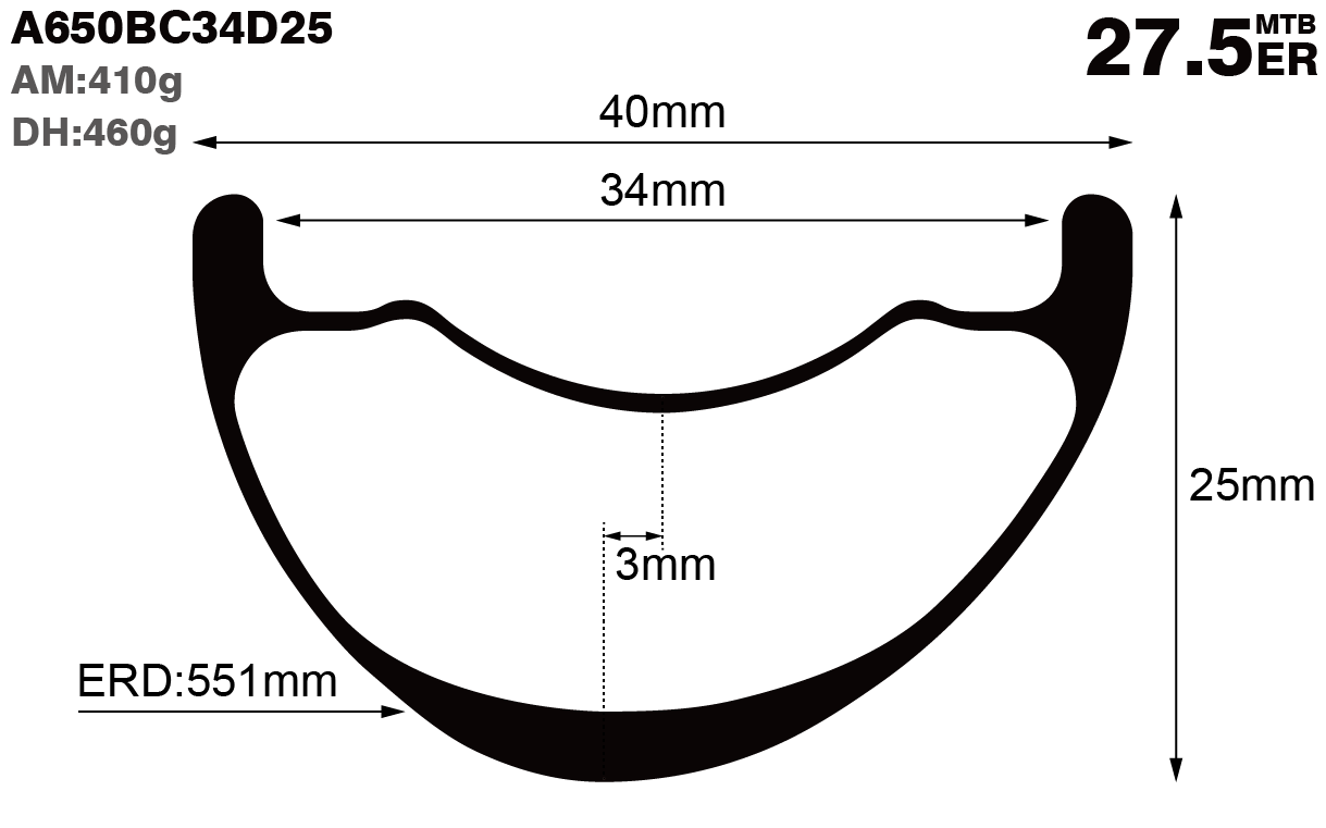 27.5er-I34-D25-asymmetric-mountain-bike-hookless-AM-carbon-rims-and-wheels-profile-drawing