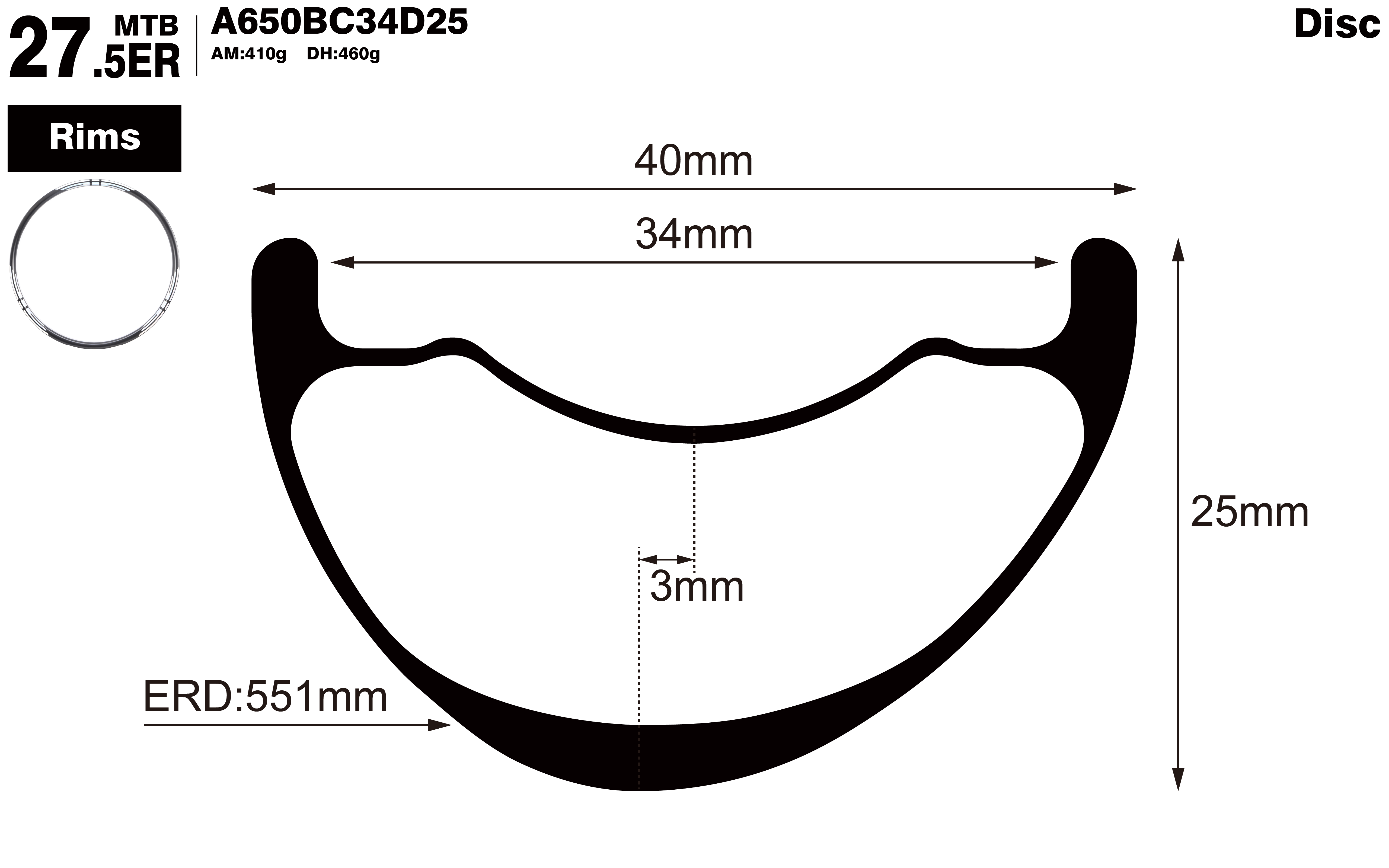 27.5er-I34-D25-asymmetric-mountain-bike-hookless-AM-carbon-rims-profile-drawing