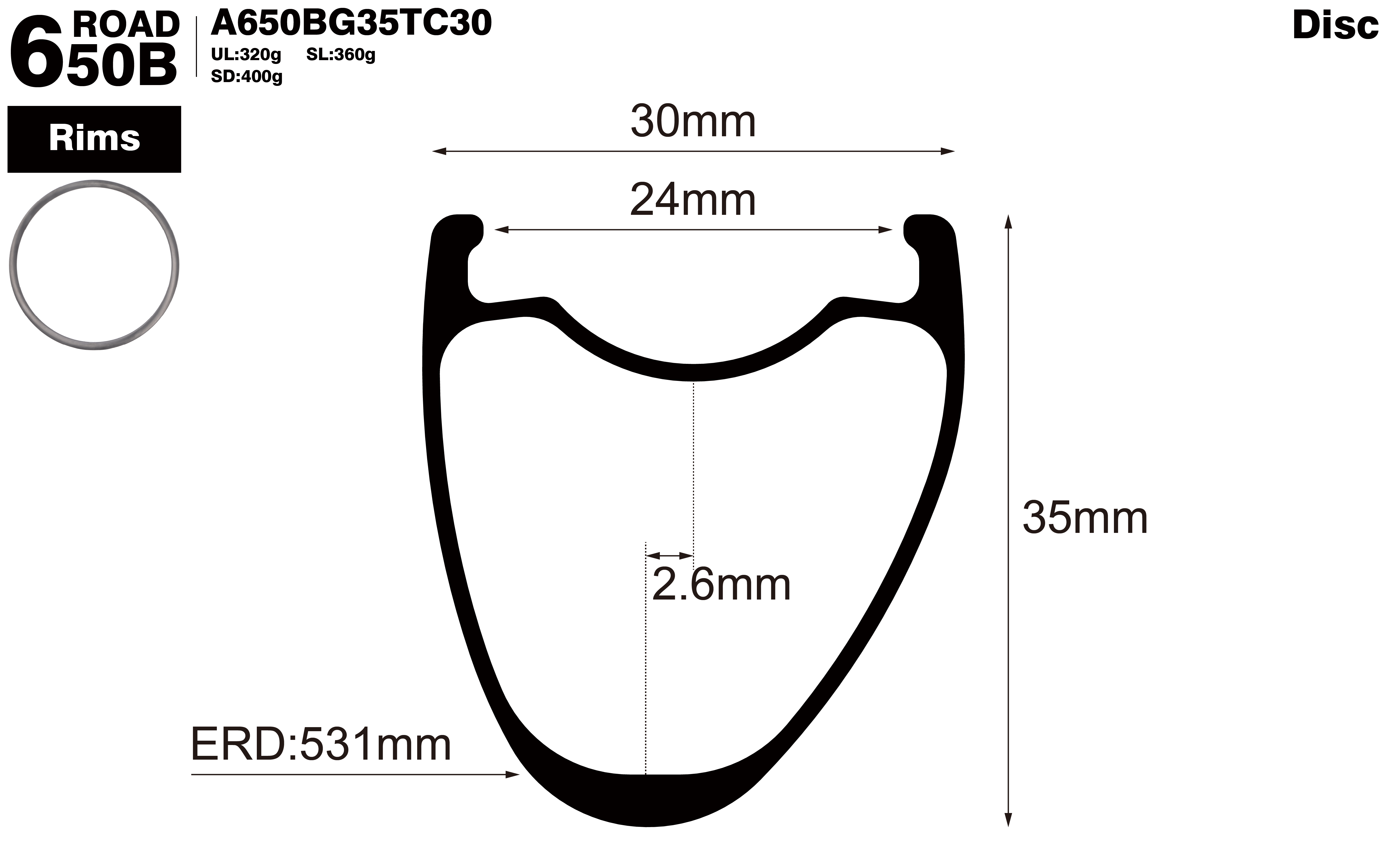 650B-I24-D35-asymmetric-road-bike-gravel-hookless-carbon-rims-profile-drawing