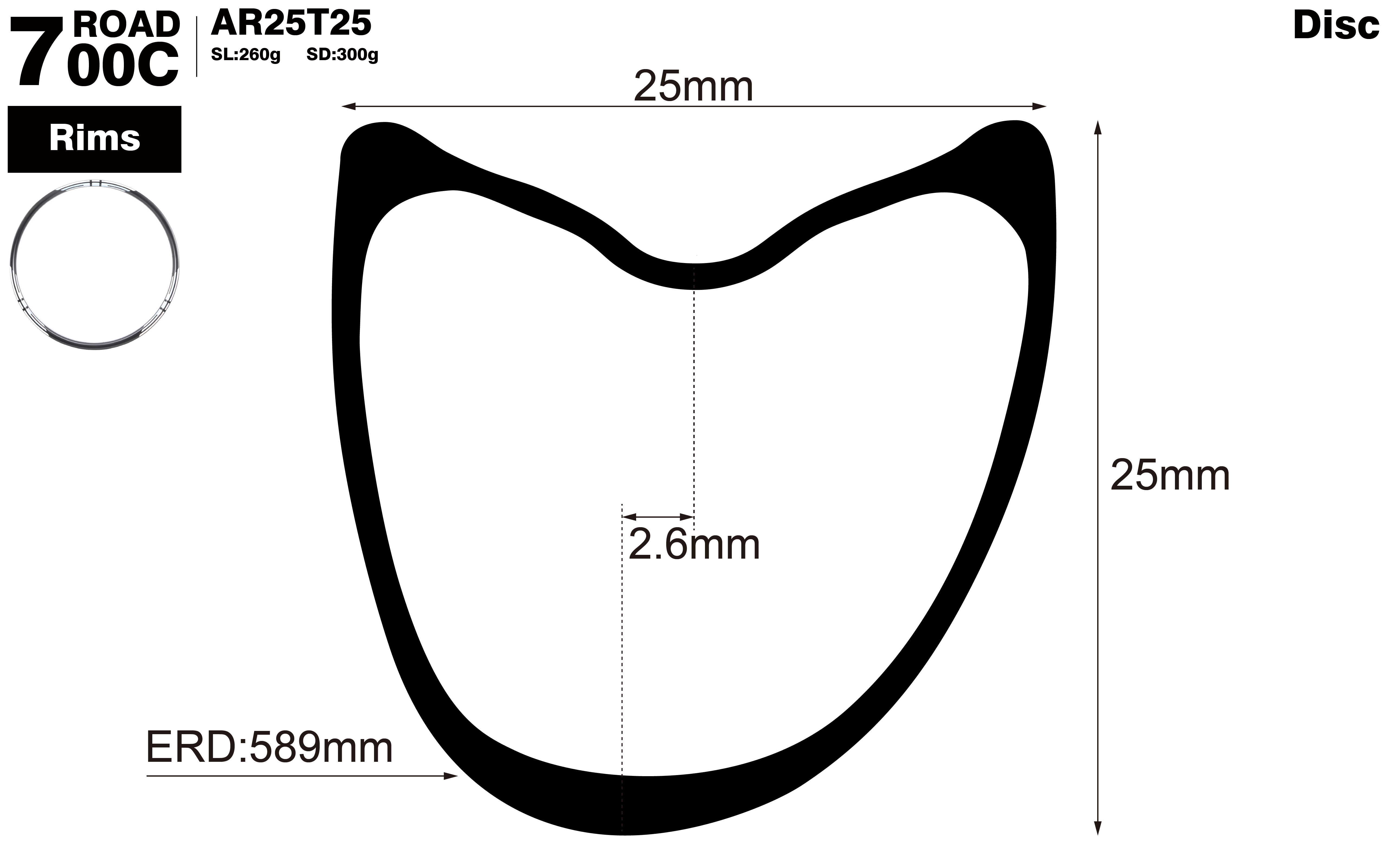 700C-I25-D25-asymmetric-road-bike-tubular-carbon-rims-profile-drawing