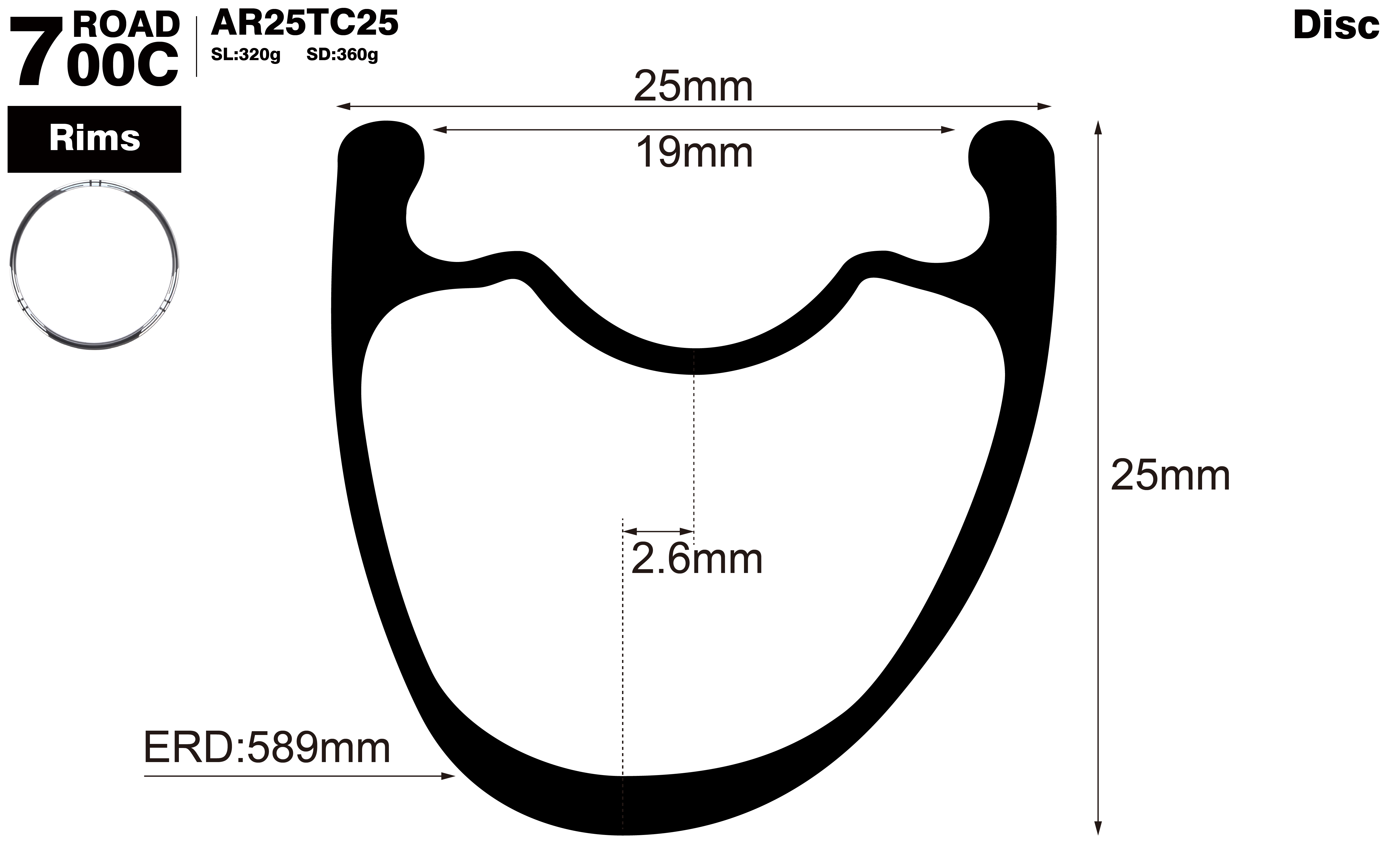 700C-I19-D25-asymmetric-road-bike-clincher-carbon-rims-profile-drawing