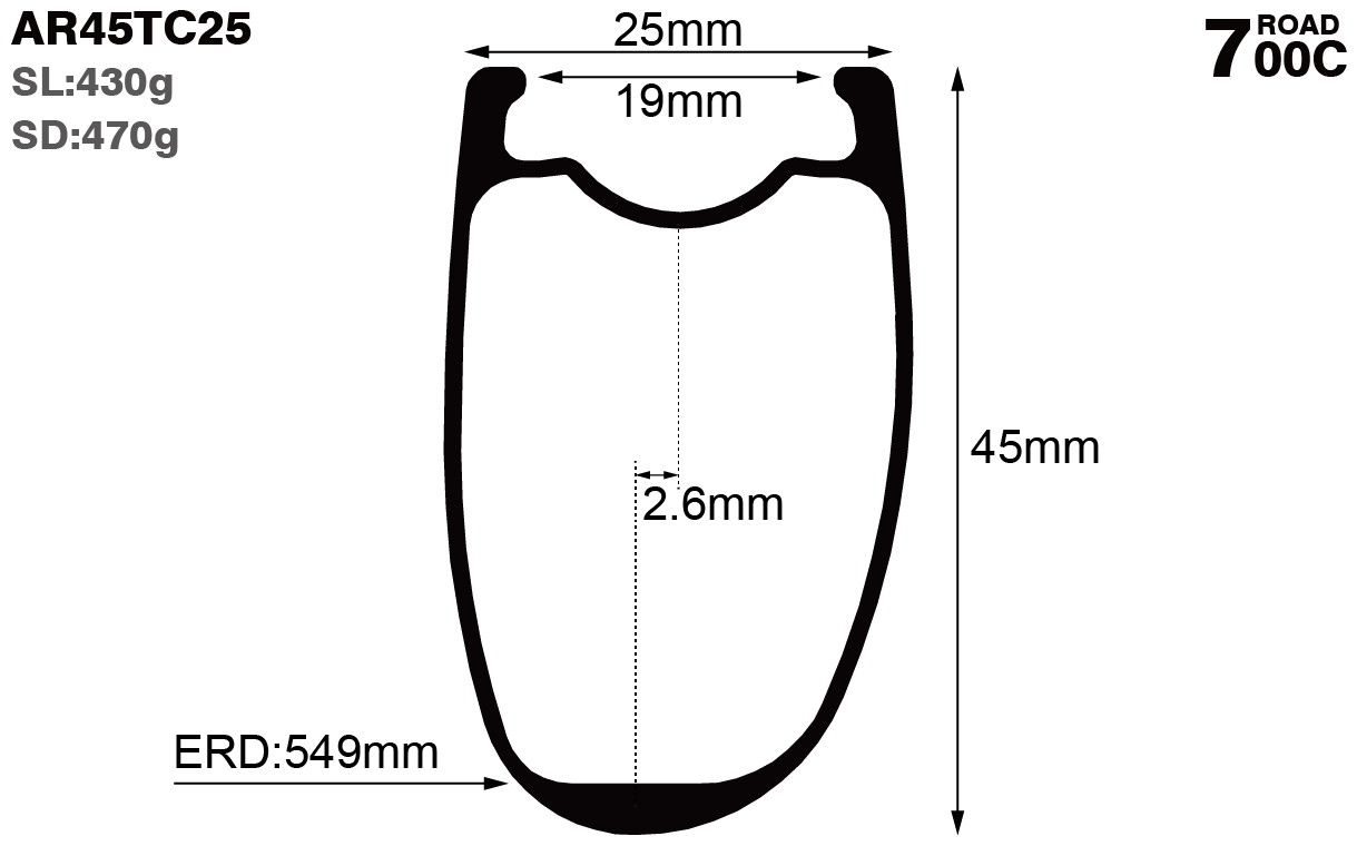 700c-I19-D45-asymmetric-road-bike-clincher-carbon-rims-and-wheels-profile-drawing