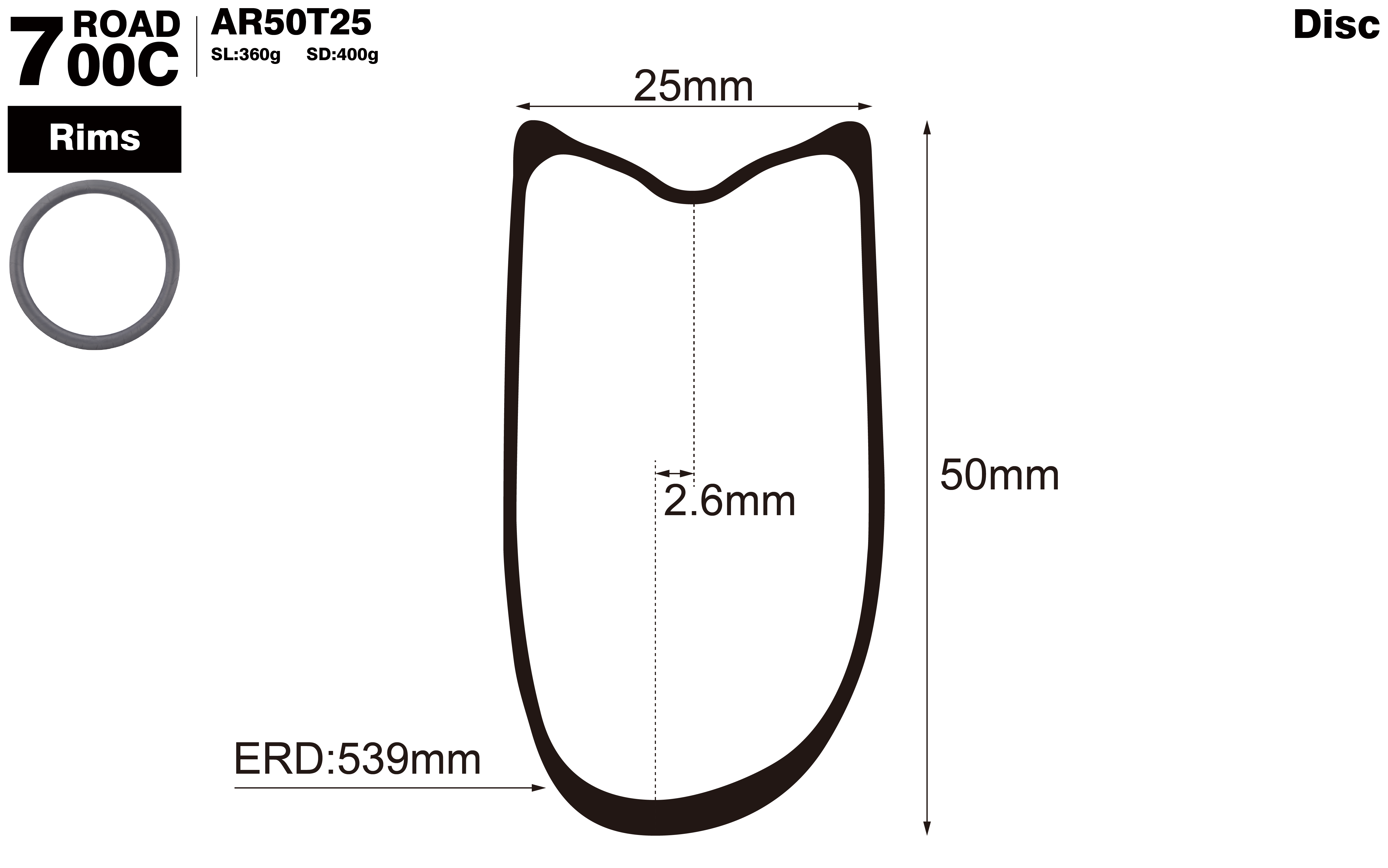 700C-I25-D50-asymmetric-road-bike-tubular-carbon-rims-profile-drawing