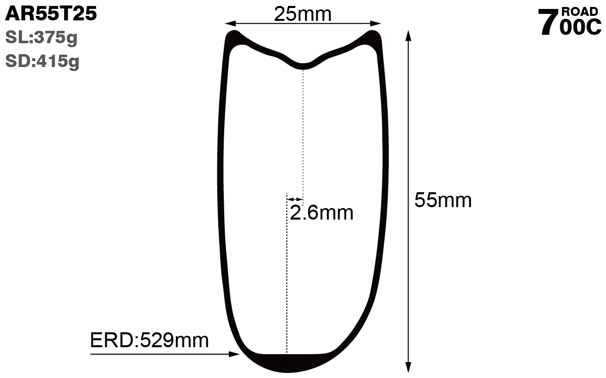 700c-I25-D55-asymmetric-road-bike-tubular-carbon-rims-and-wheels-profile-drawing