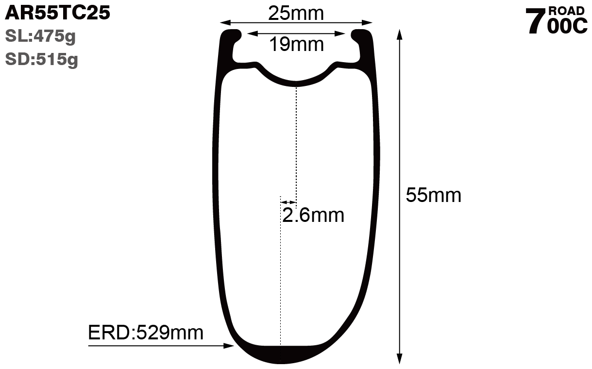 700C-I19-D55-asymmetric-road-bike-XC-carbon-rims-and-wheels-profile-drawing