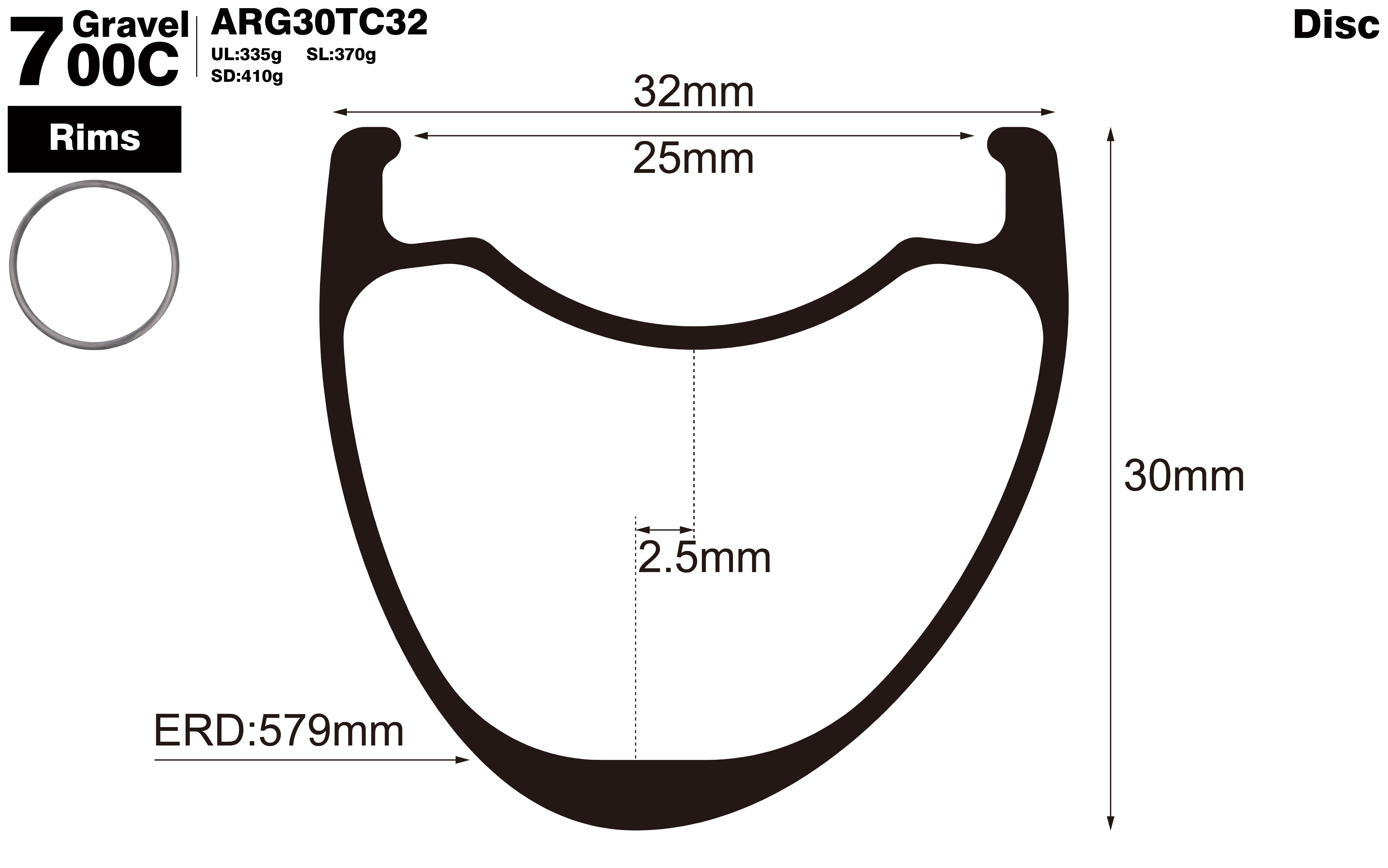 700c-I25-D30-asymmetric-road-bike-gravel-carbon-rims-profile-drawing